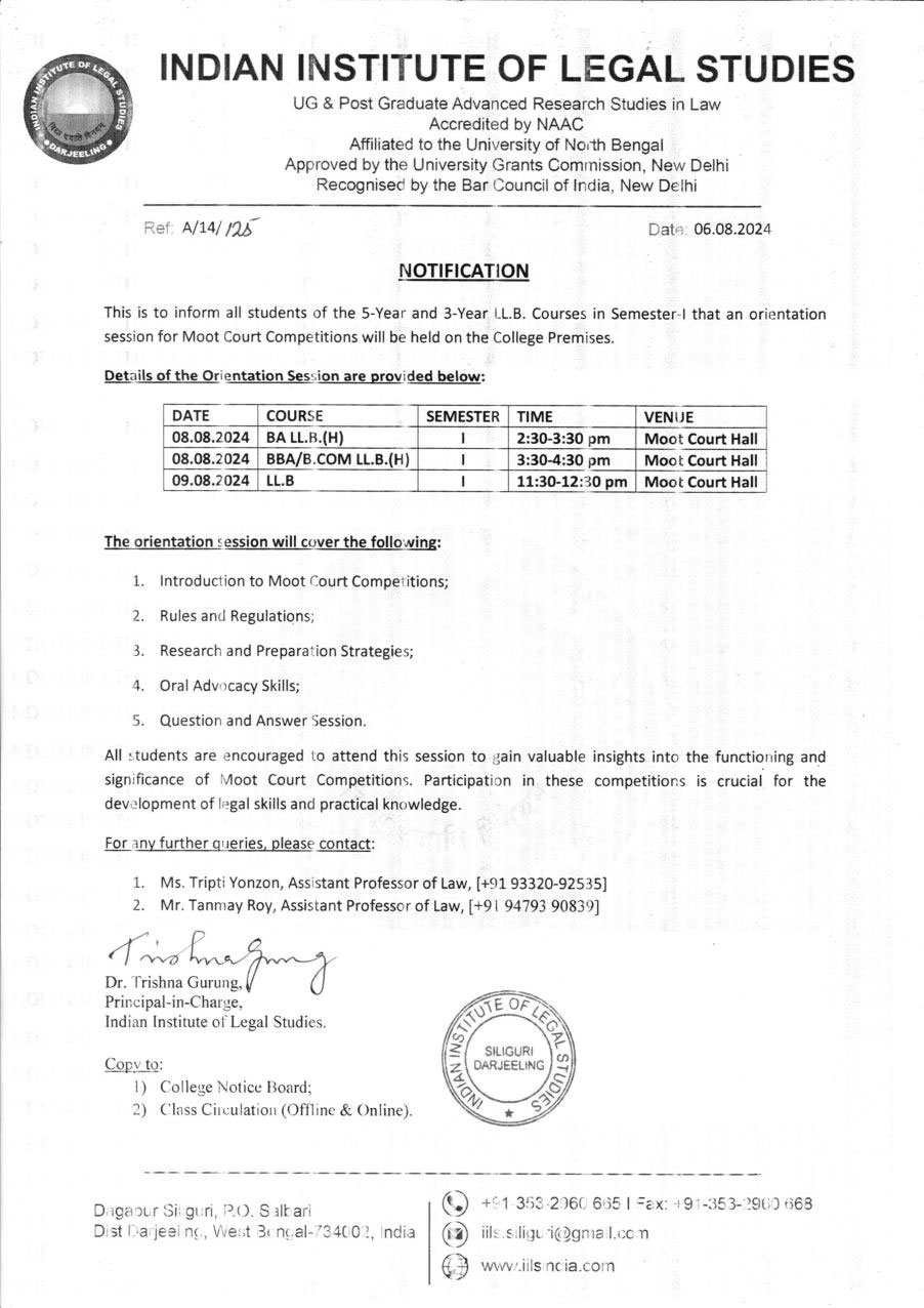 Notice for Orientation Moot Court Competition