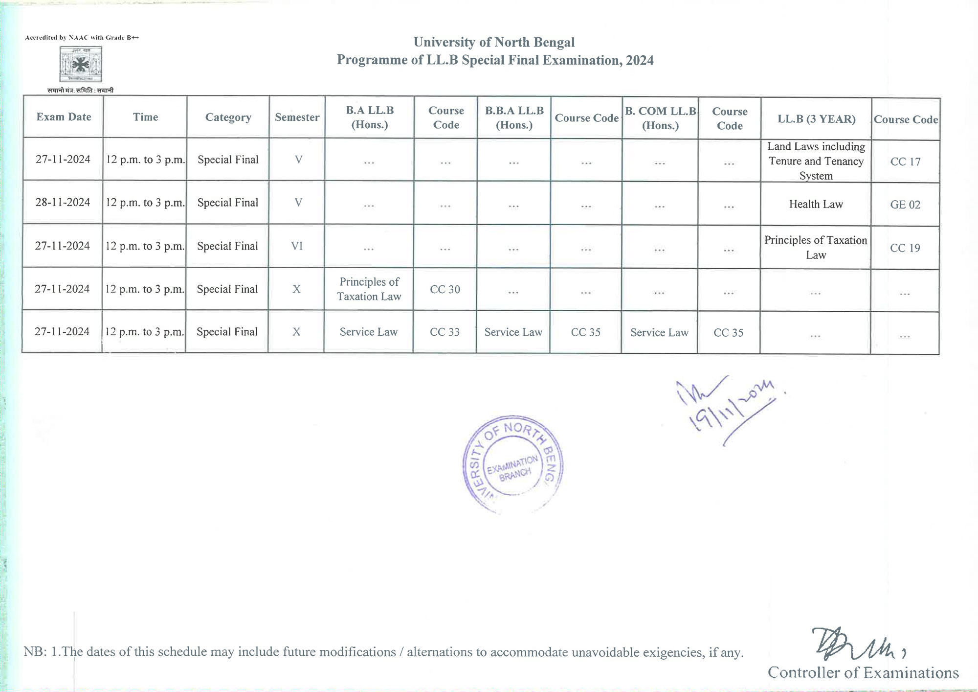 NBU Notification for Special Final Examinations, 2024