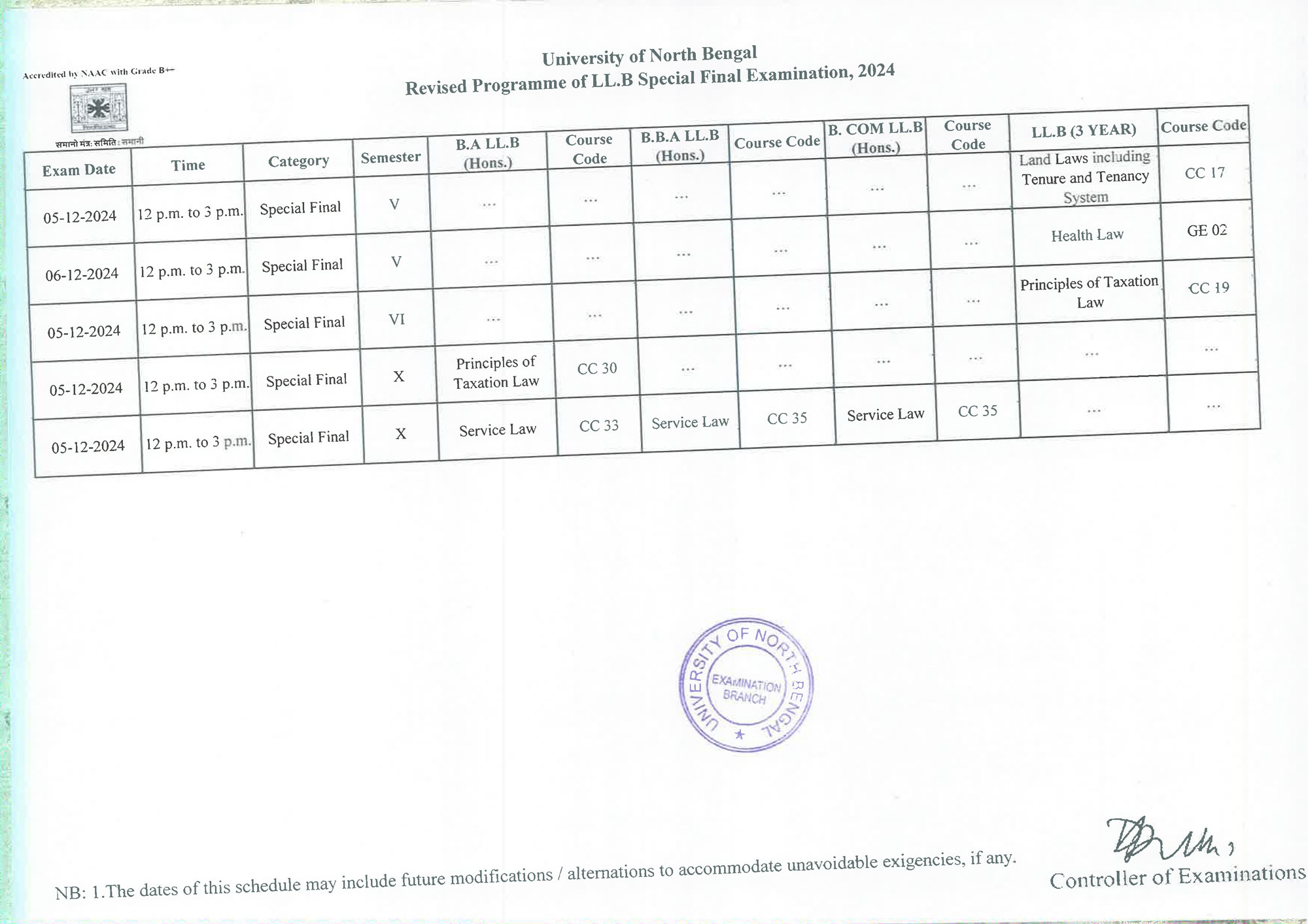NBU Revised Notice for Special Final Examinations 2024