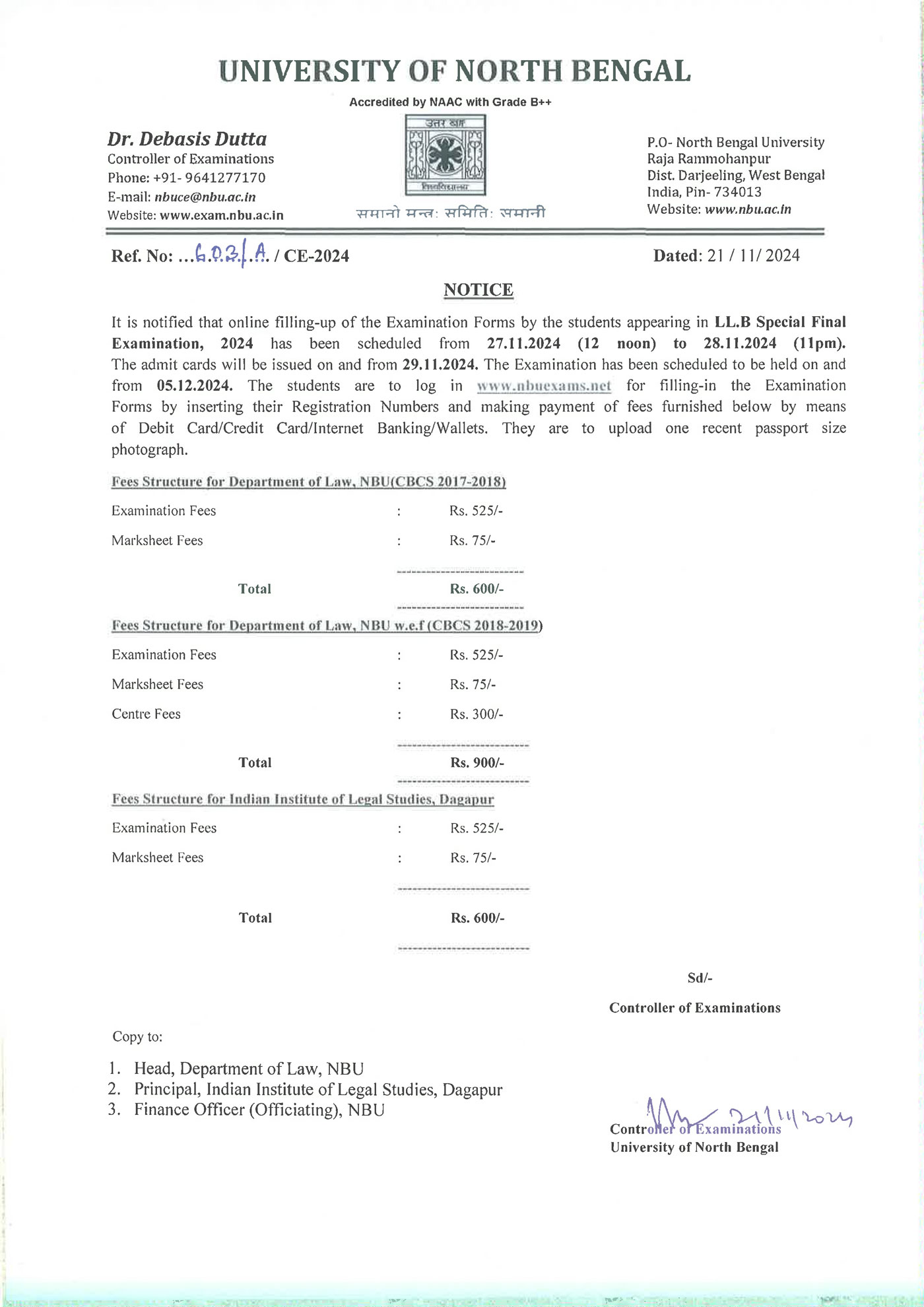 NBU Notification for Special Final Examinations Registration 2024