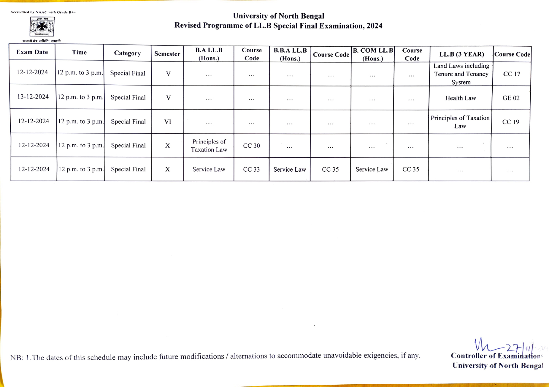 NBU Notice for Revised Special Examinations Schedule, 2024