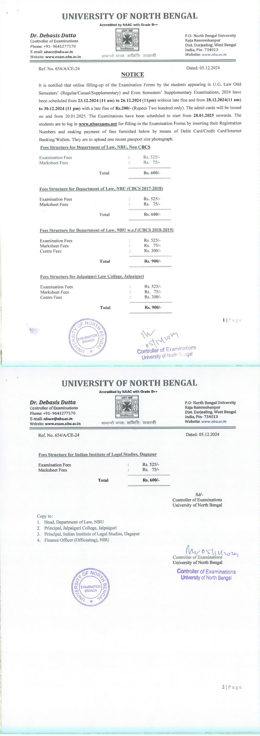 NBU Notice for January, 2025 Examination Form Fill up