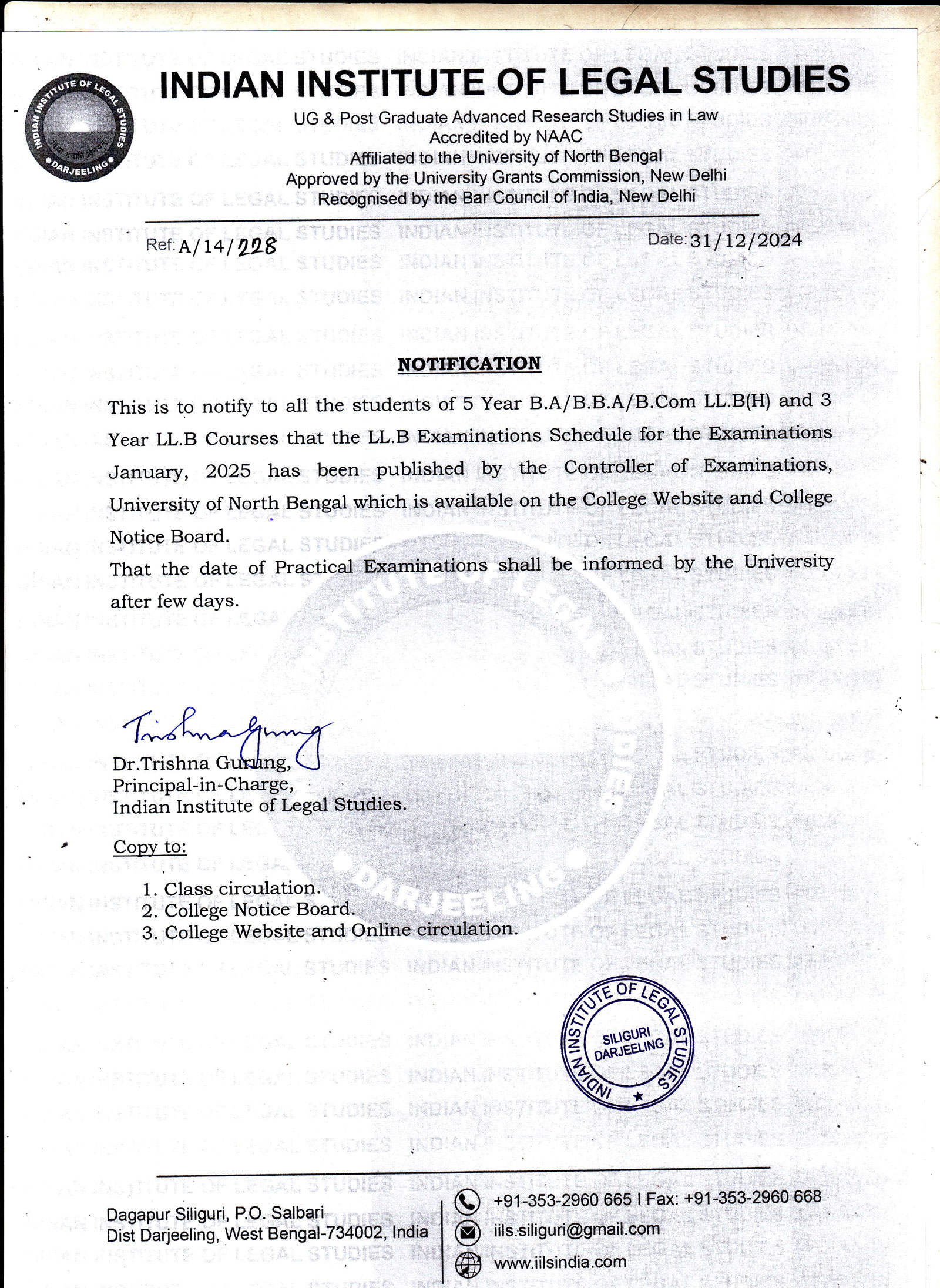 Notification for the Examinations January, 2025