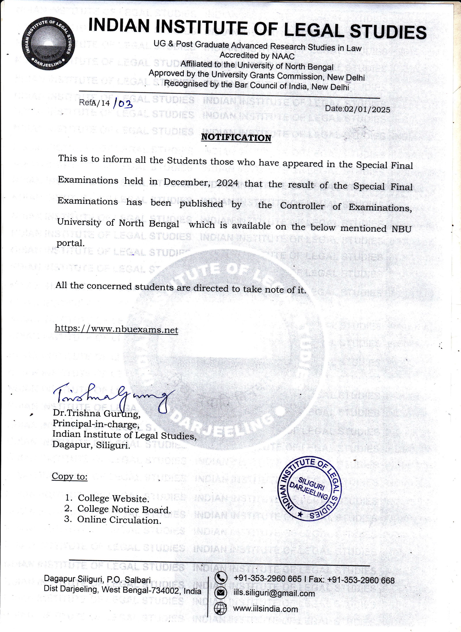 Notification for Special Final Examination December, 2024 Result