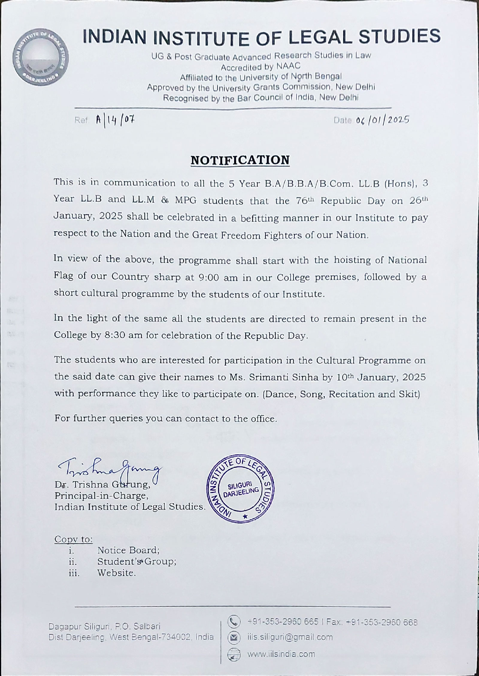 Notice for 26 January