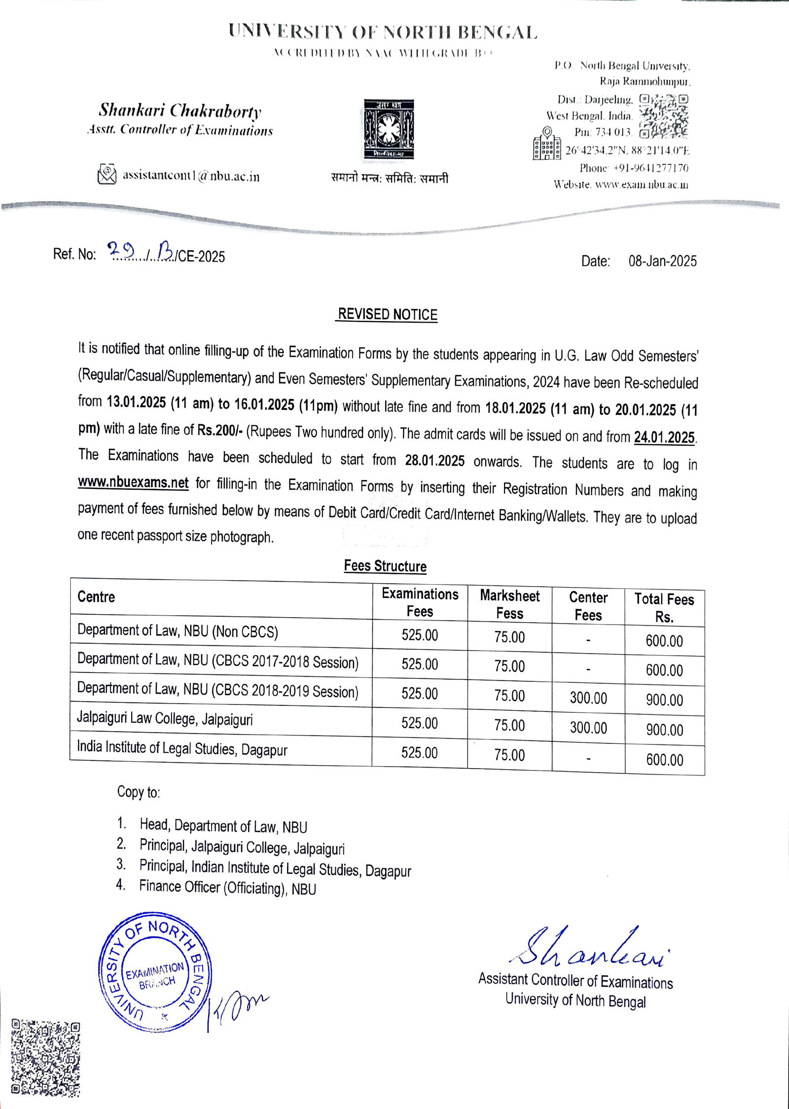 Notification for Examinations January, 2025 Form Fill Up