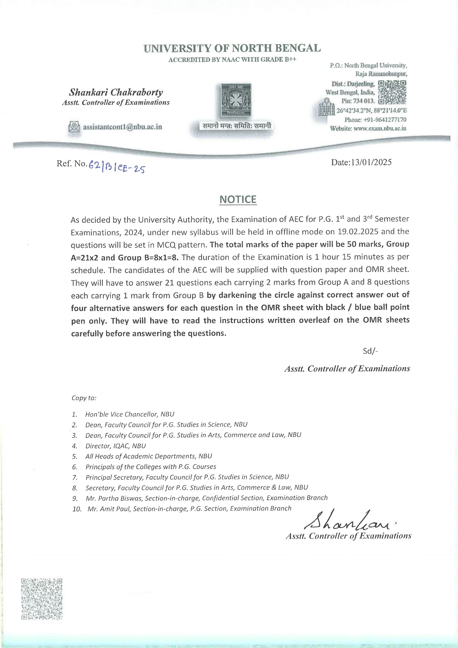 LL.M-I & III AEC Examintion NBU Notice