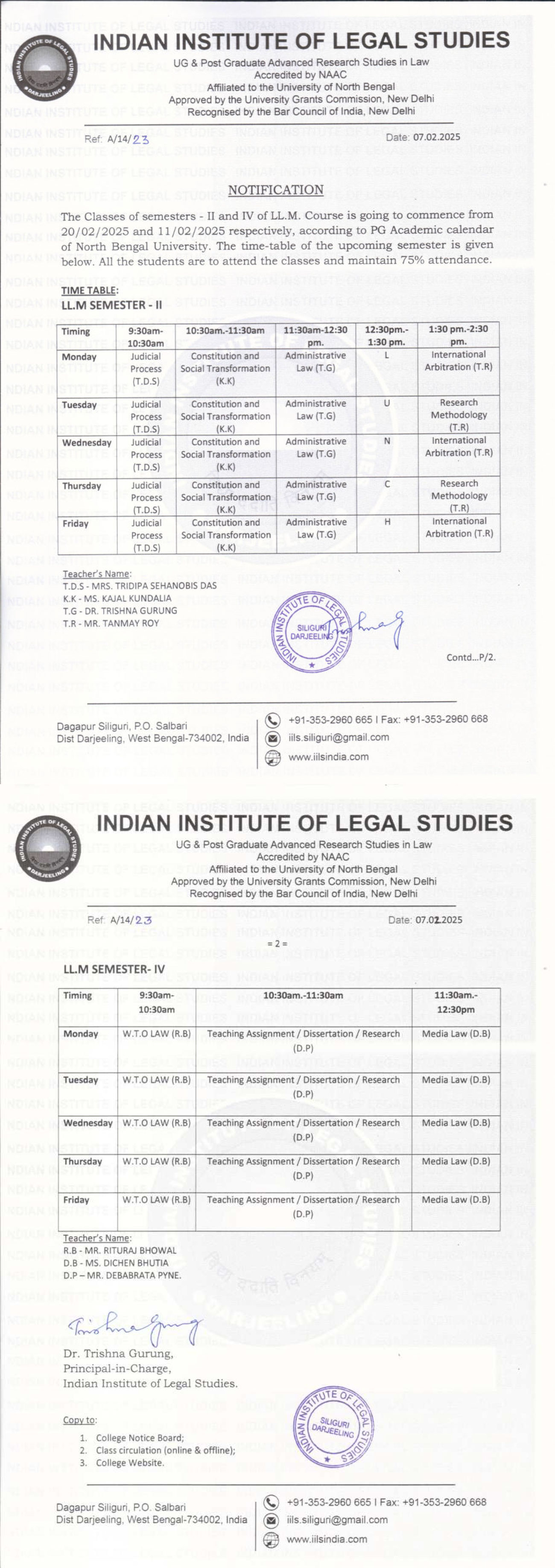 Notification - PG Time Table