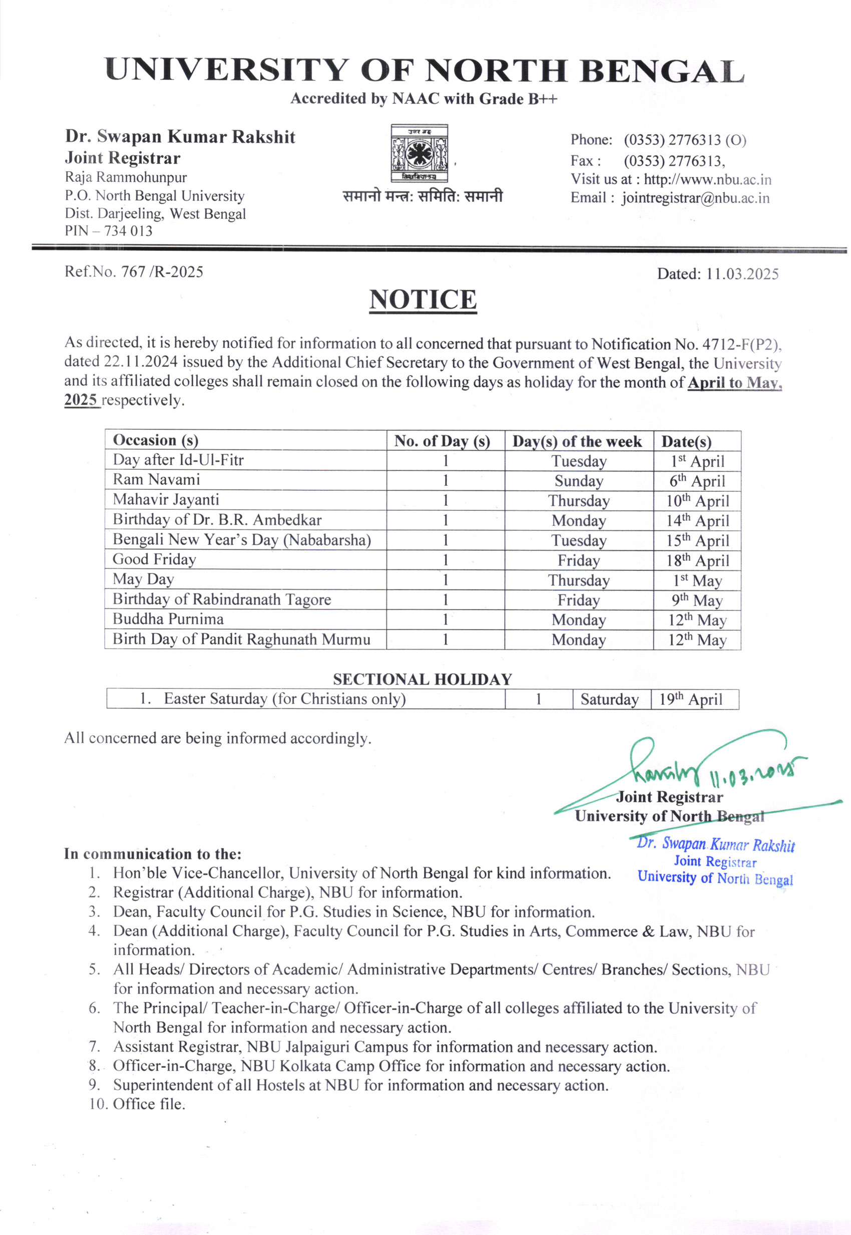 Holiday Notice (April-May, 2025)