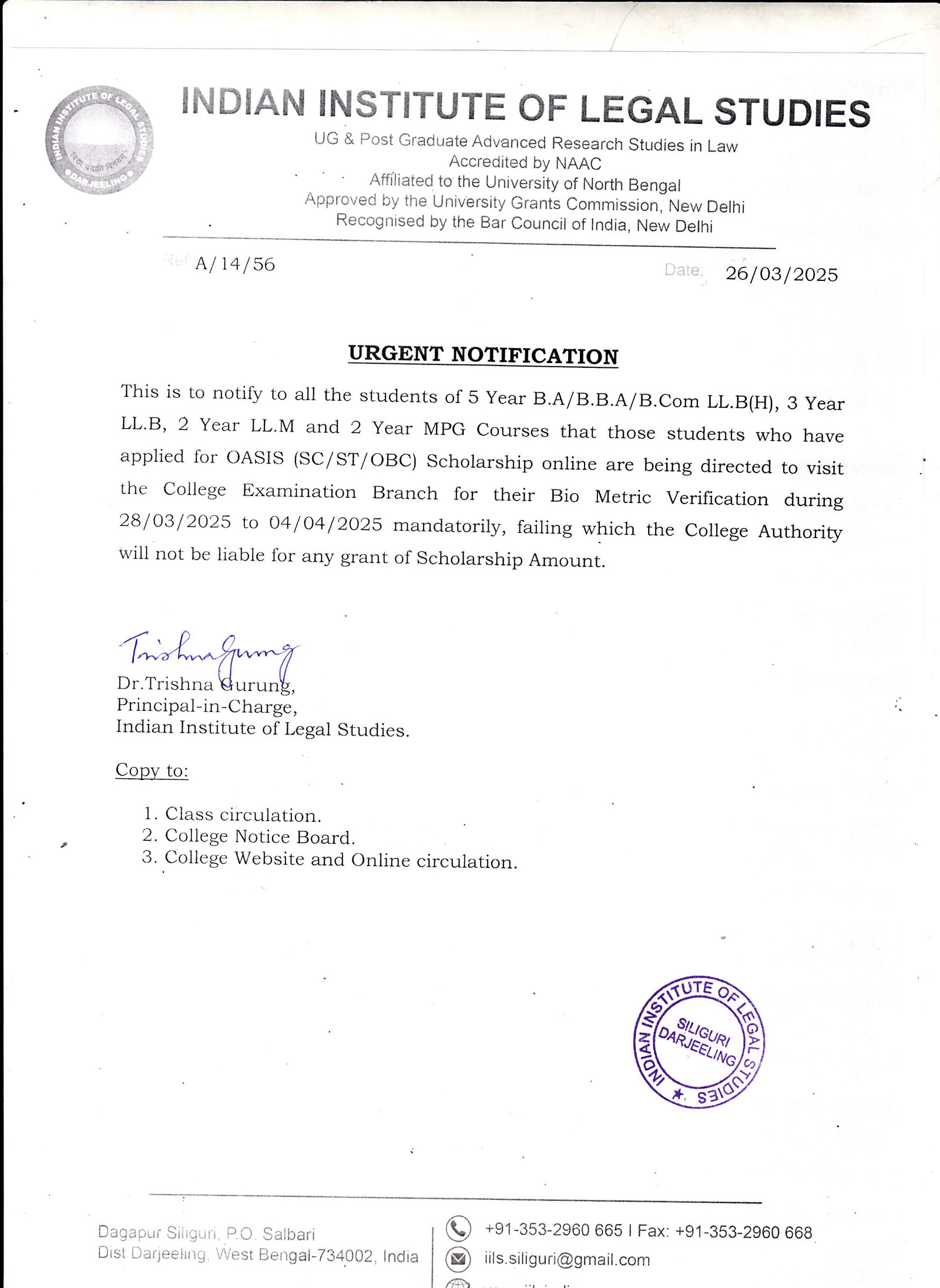 Notice for OASIS (SC-ST-OBC) Students