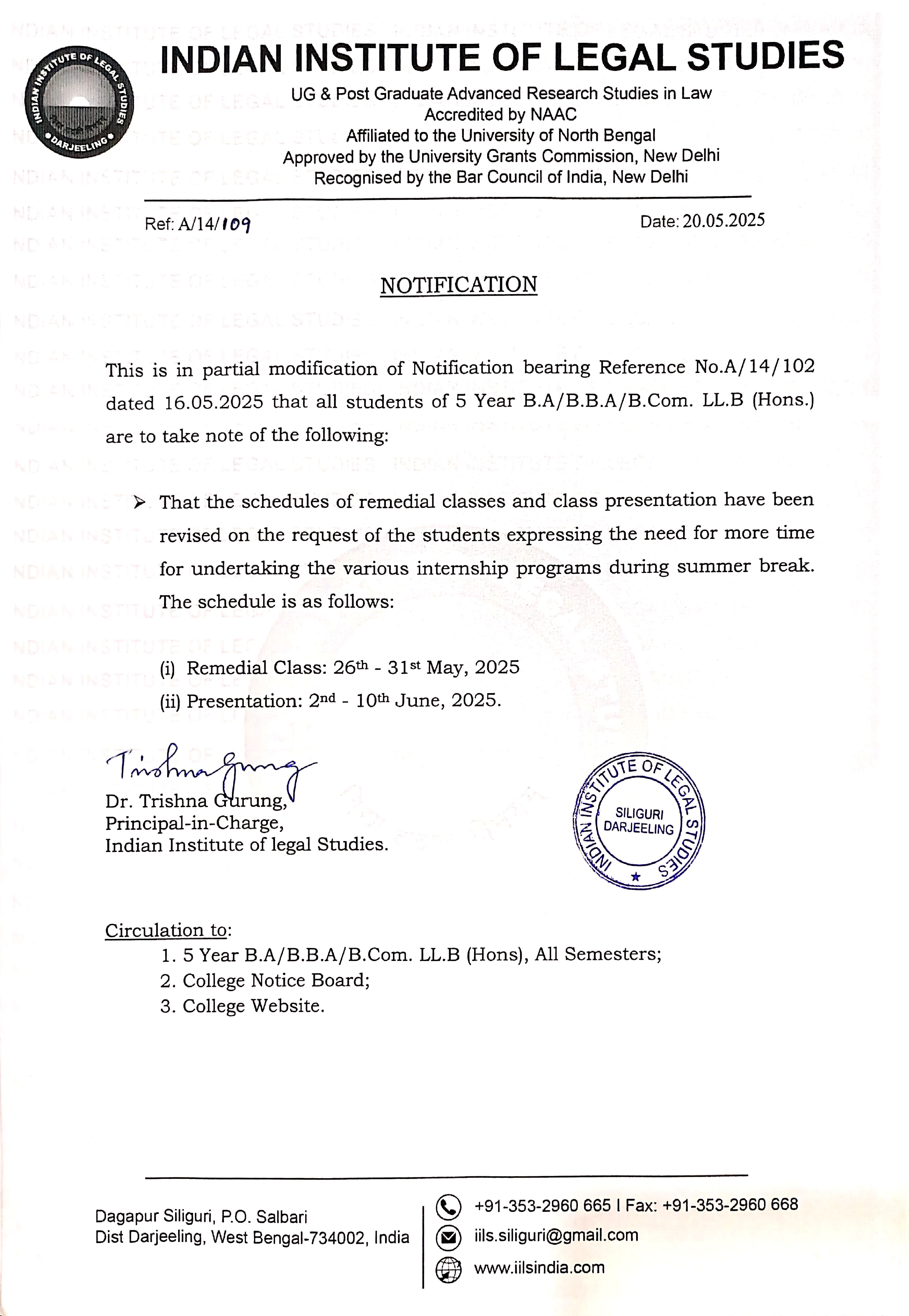 Notice for Revised Schedule of Remedial Classes and Presentations
