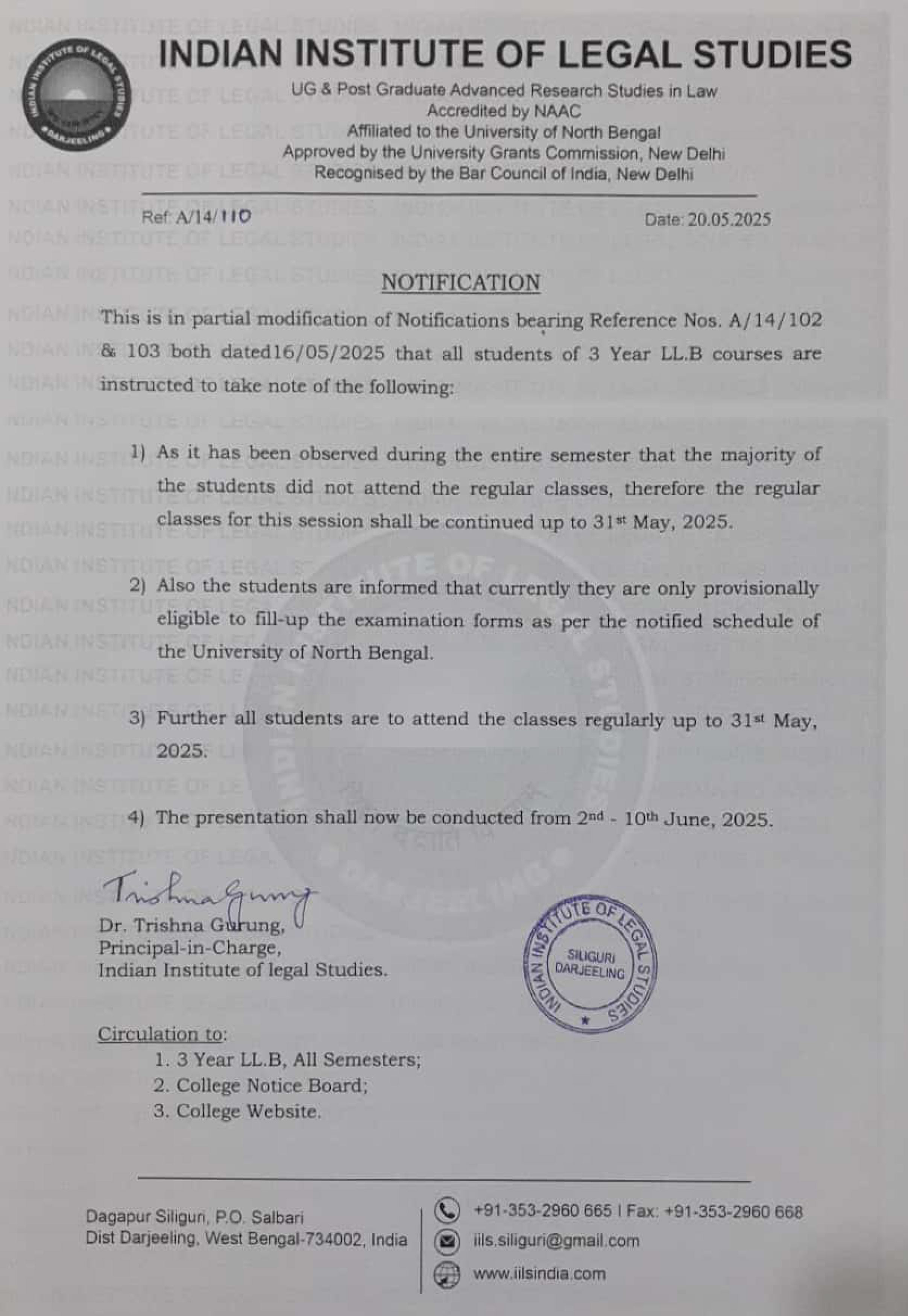 Notice for Continuation of Classes and Revised Presentation Schedule