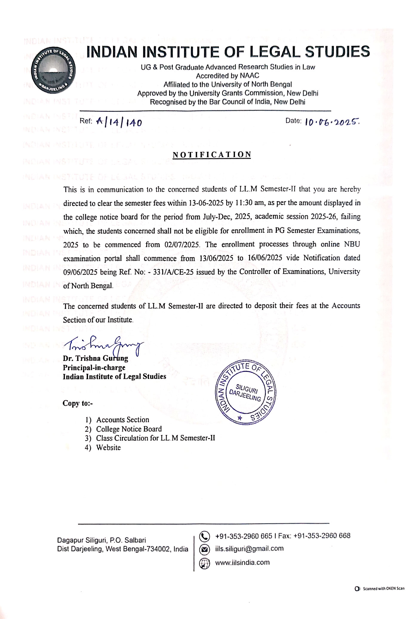 Notice Regarding Semester Fee Payment for LL.M Semester-II