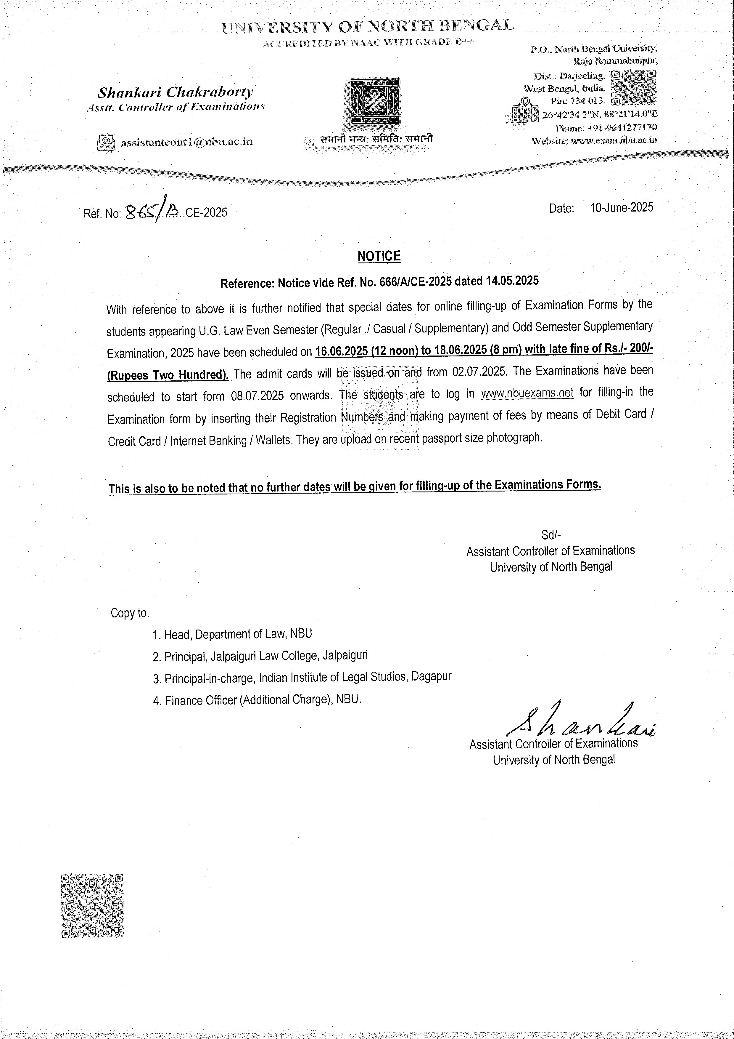 Notice for NBU Examination Form Fill-Up