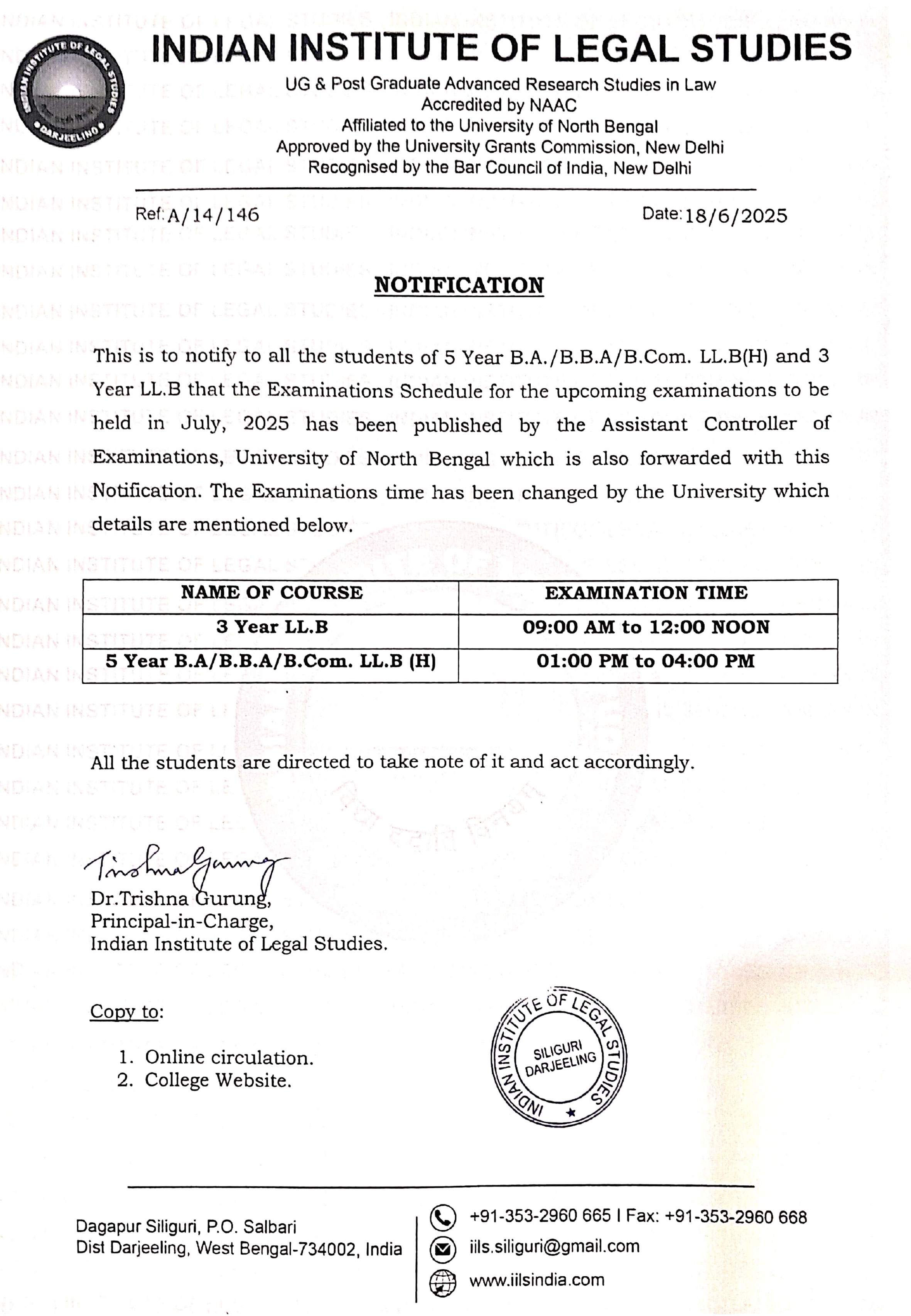 Notification for Examinations Schedule