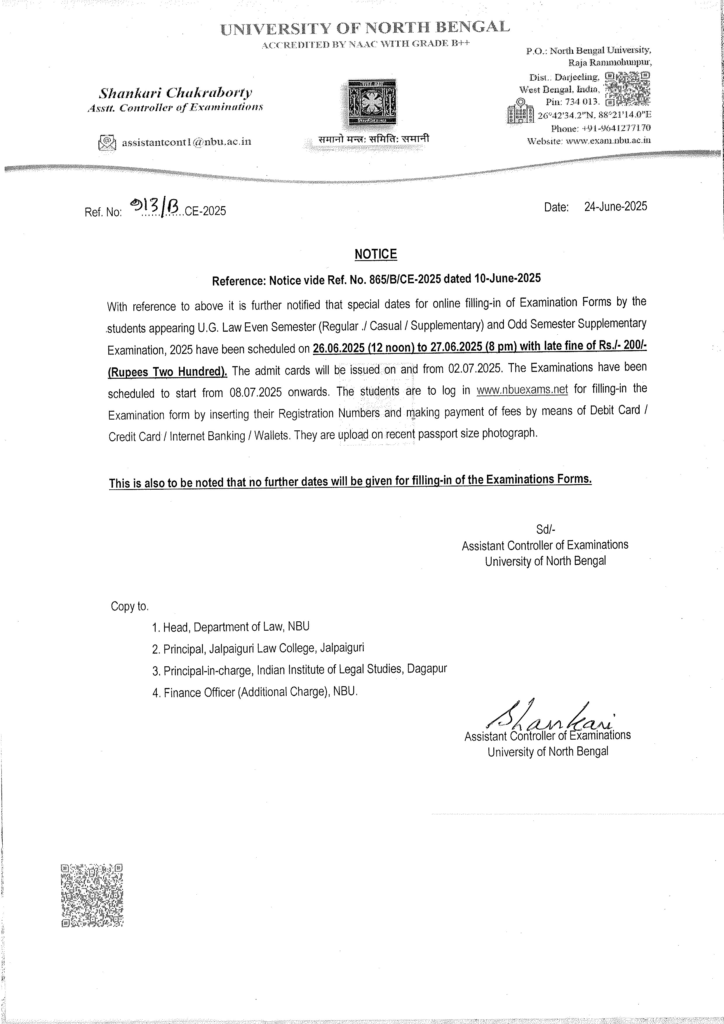 Notice for NBU Examination Form Fill-Up