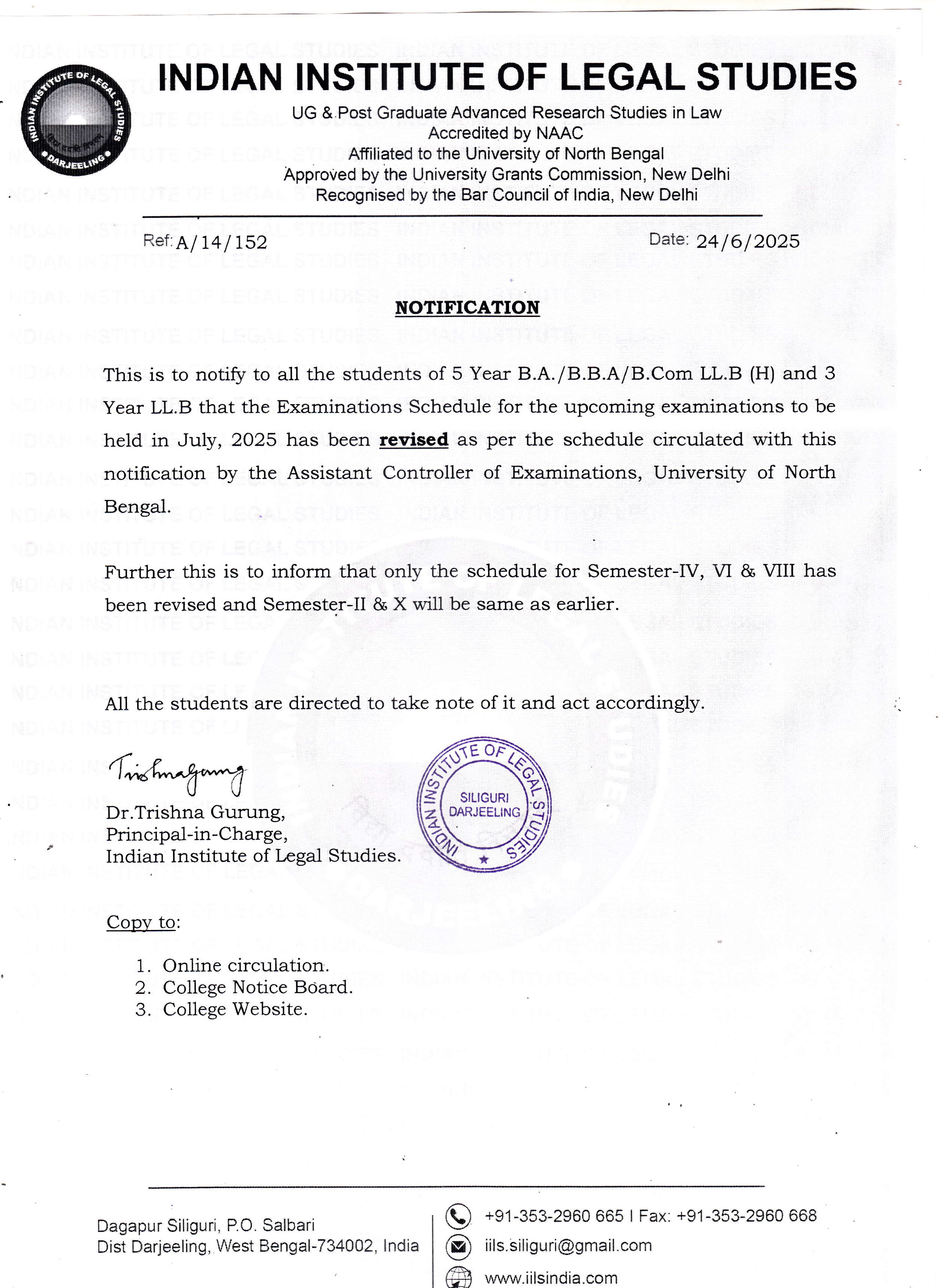 Notice for Revised Examinations Schedule for Sem-IV, VI & VIII
