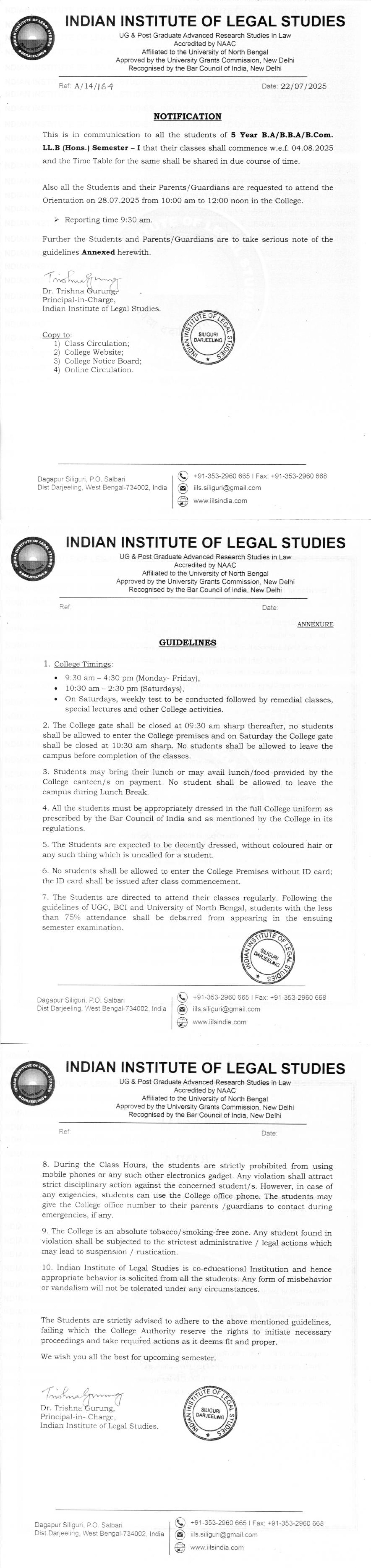 Notice for Commencement of Semester-I Classes and Orientation