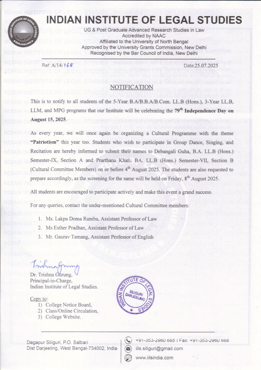 Notice Regarding Independence Day Celebration on 15th August 2025