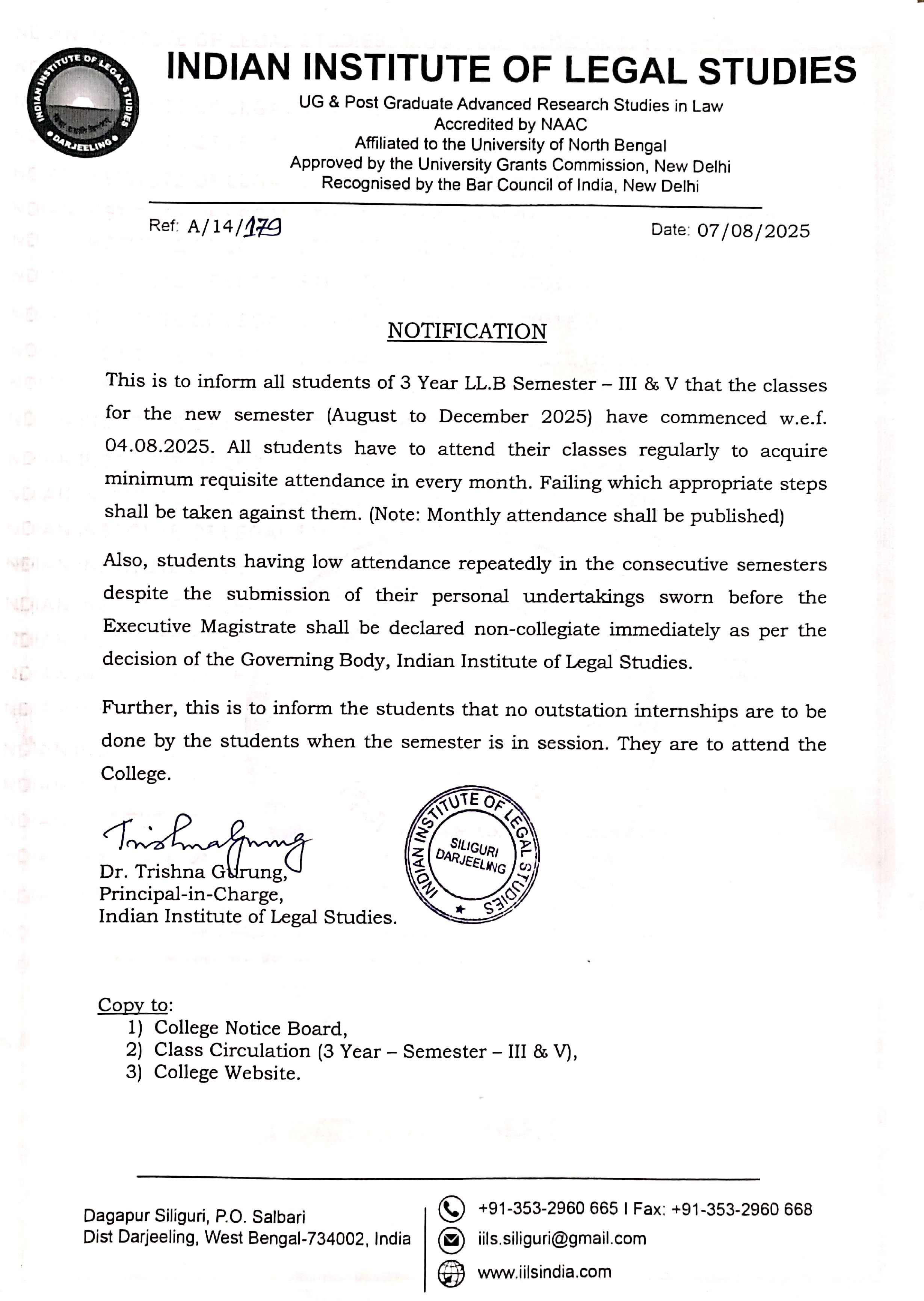 Notice for Semester Commencement & Attendance Rules – 3 Year LL.B (Sem III & V)