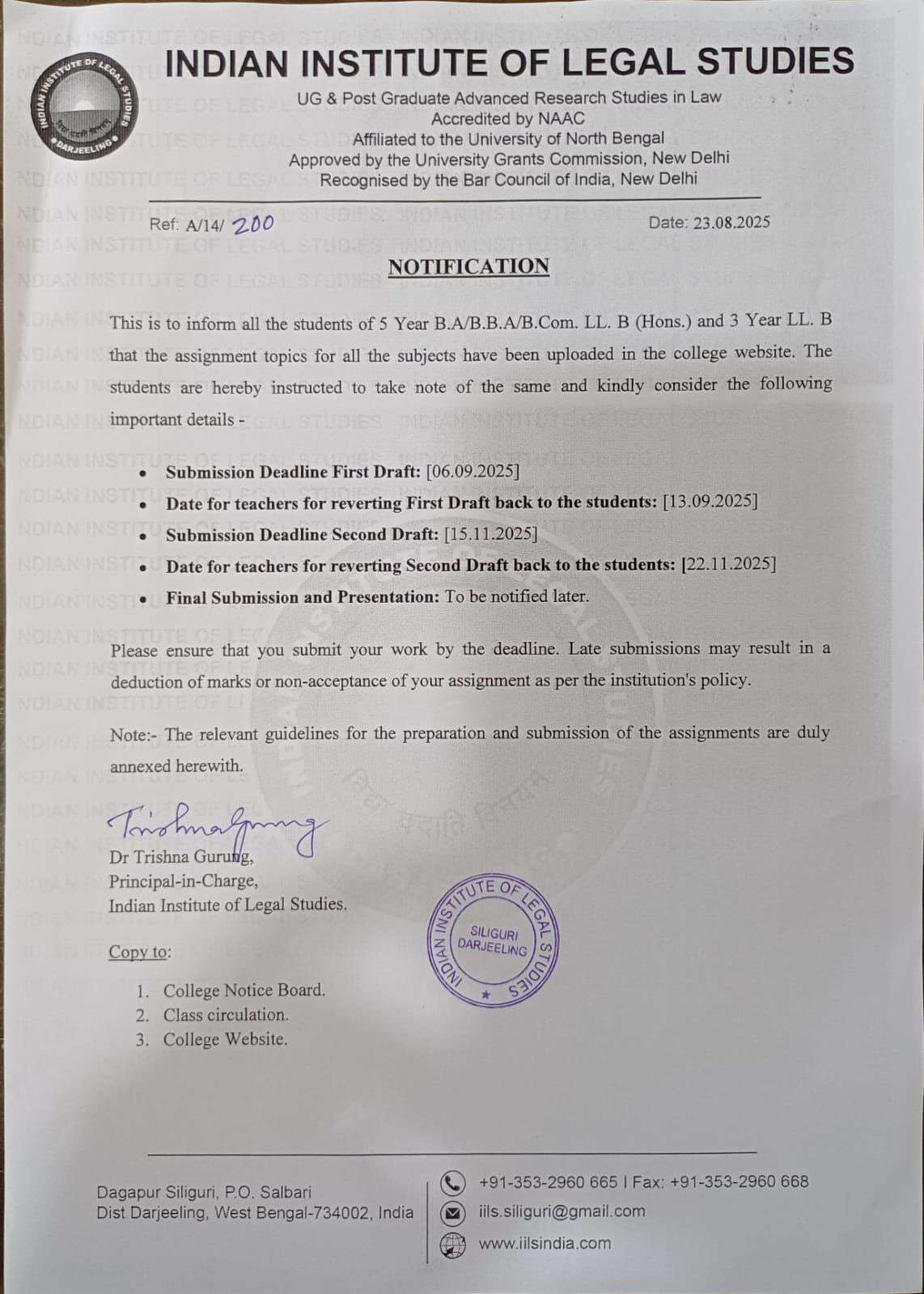 Notice for Assignment Submission Schedule