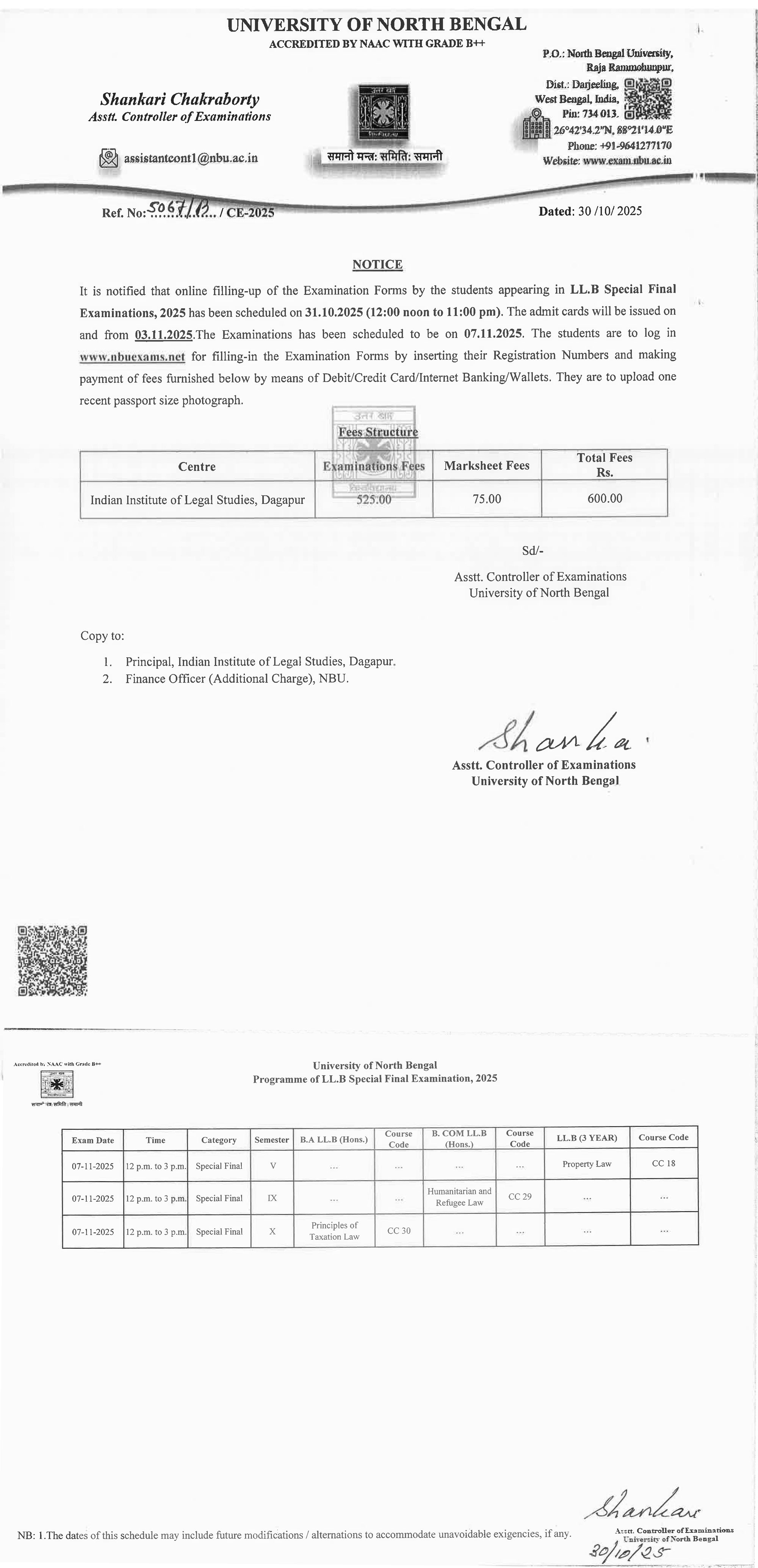 Notice for NBU Special Final Examinations 2025