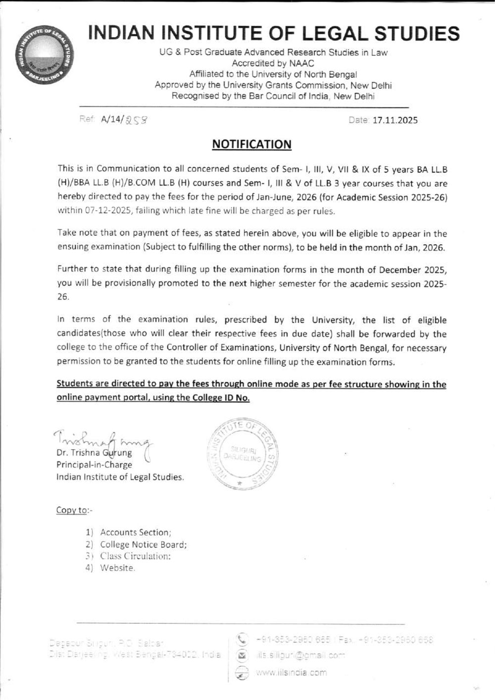 Notice Regarding Fees – Jan to June 2026