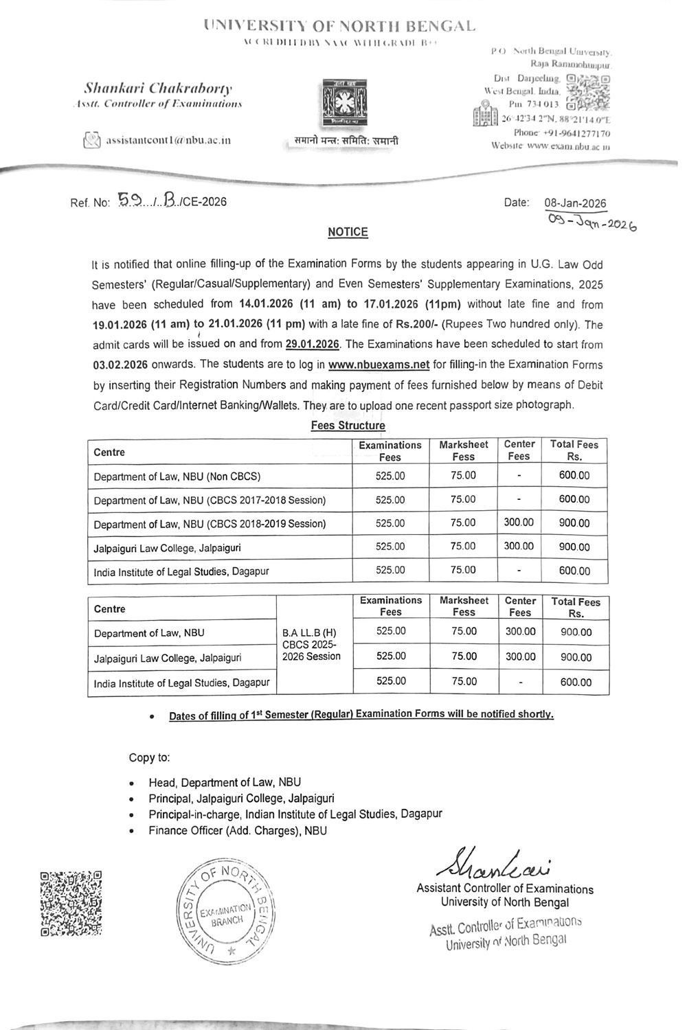 Notification Regarding Examination Form Fill-Up