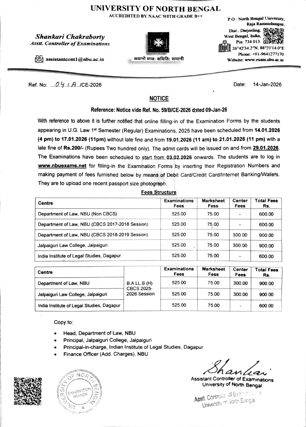 NBU Notice for Semester I Examination Form Fill-Up