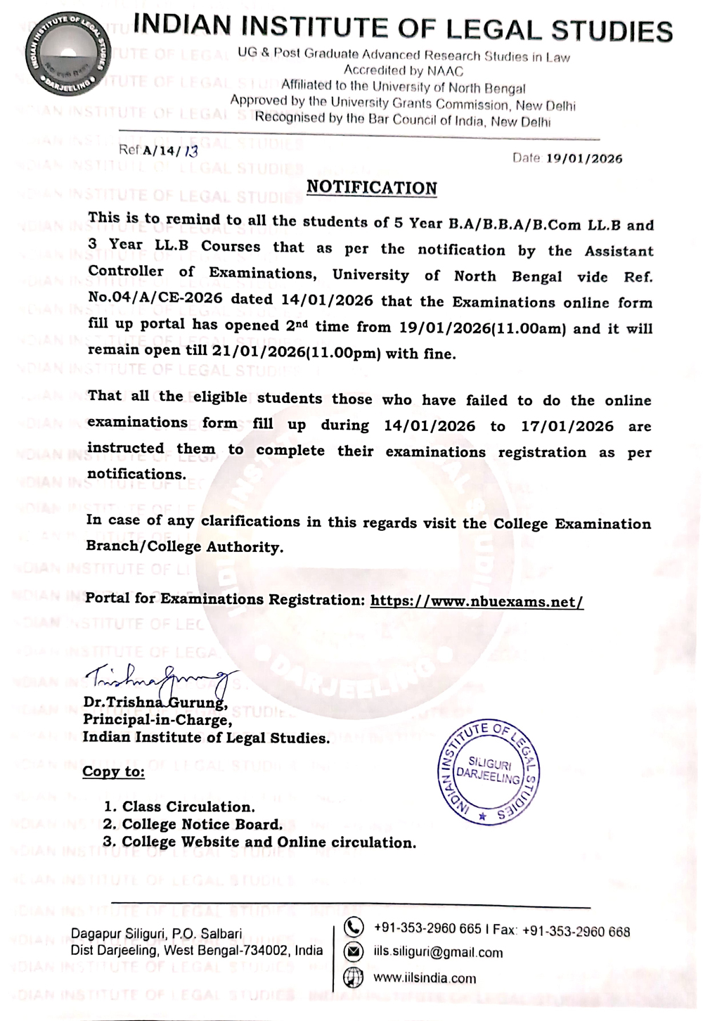 Notice for Examination Form Fill-Up for Remidial Class Attended Students