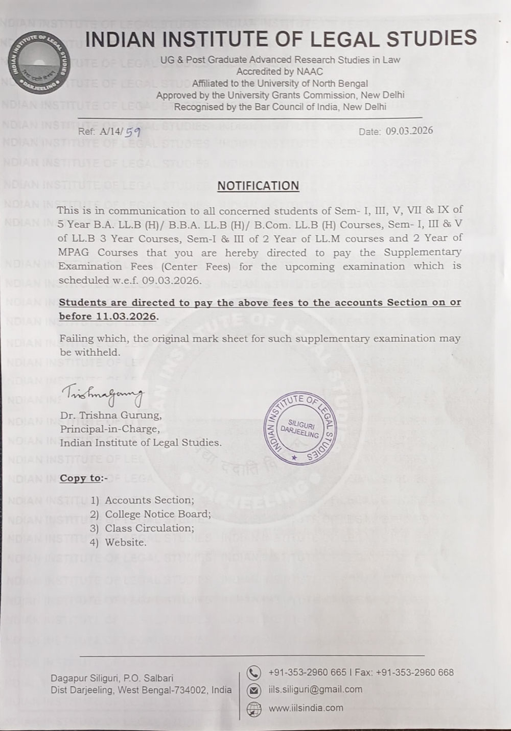 Notification for Supplementary Examination Fees Submission