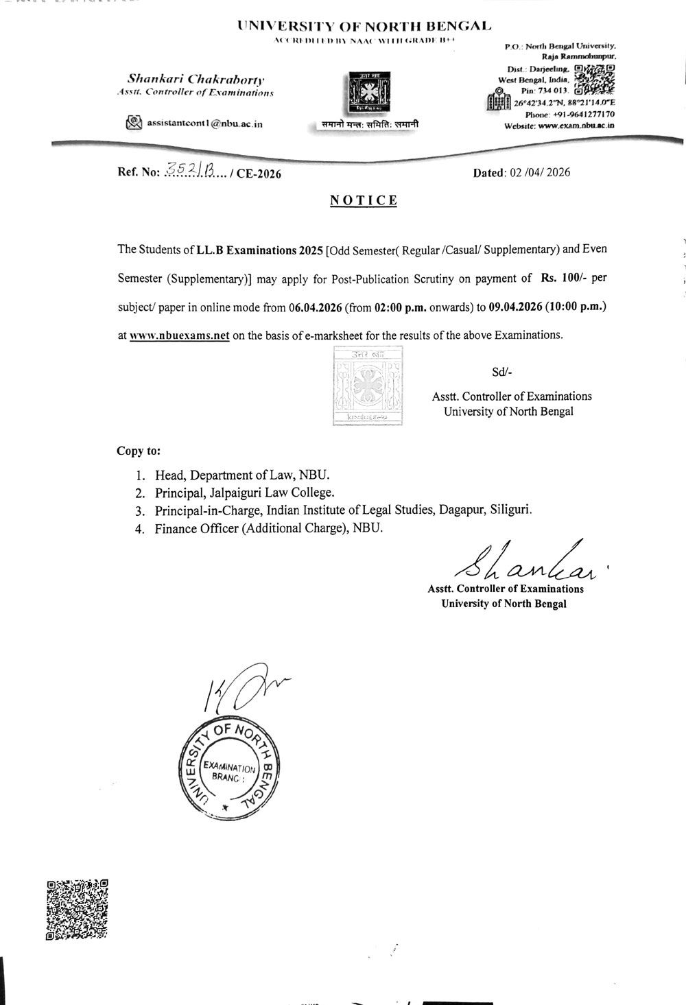 Notification for LL.B Exam 2025 - PPS