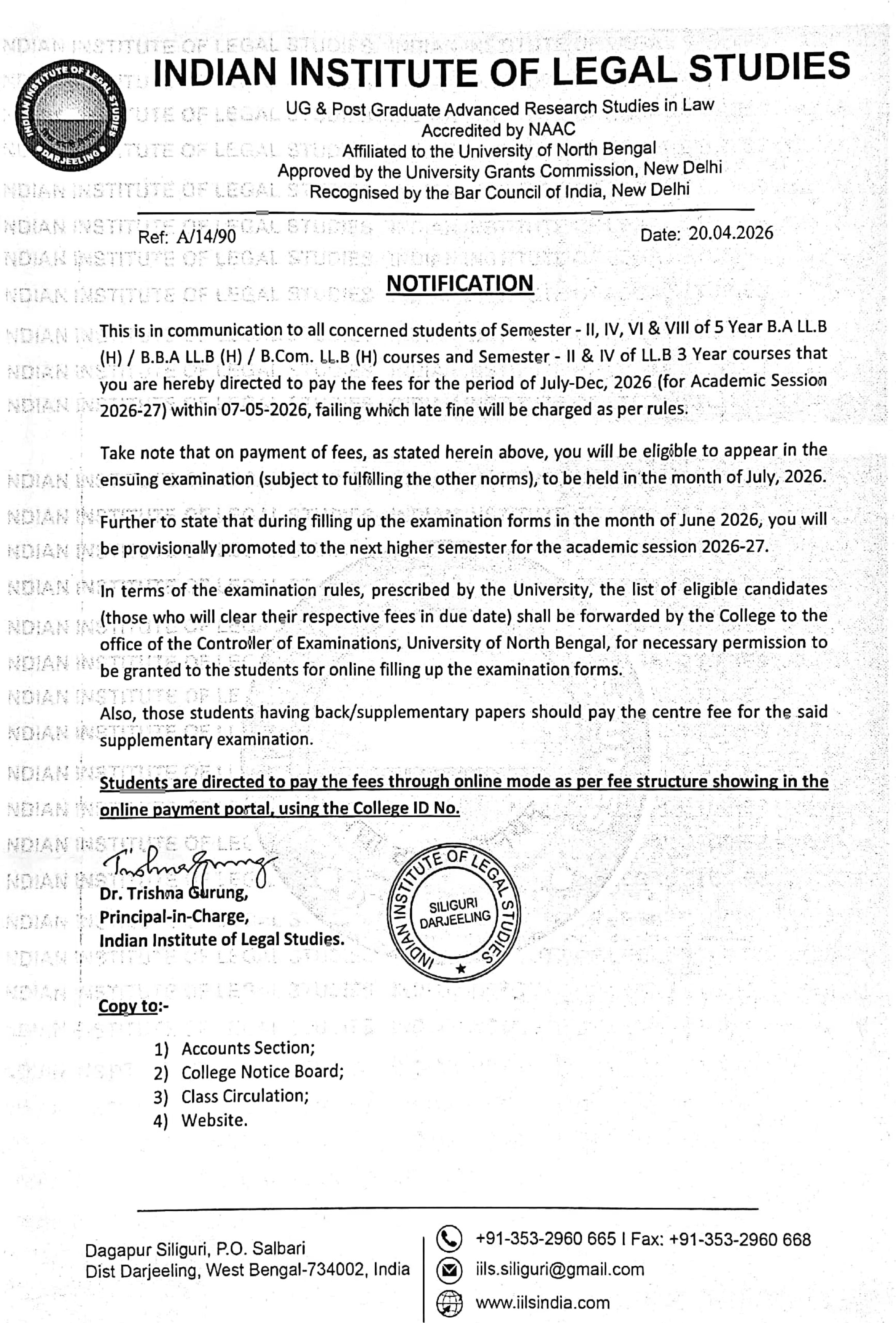 Notice Regarding Payment of Semester Fees (July - December 2026)