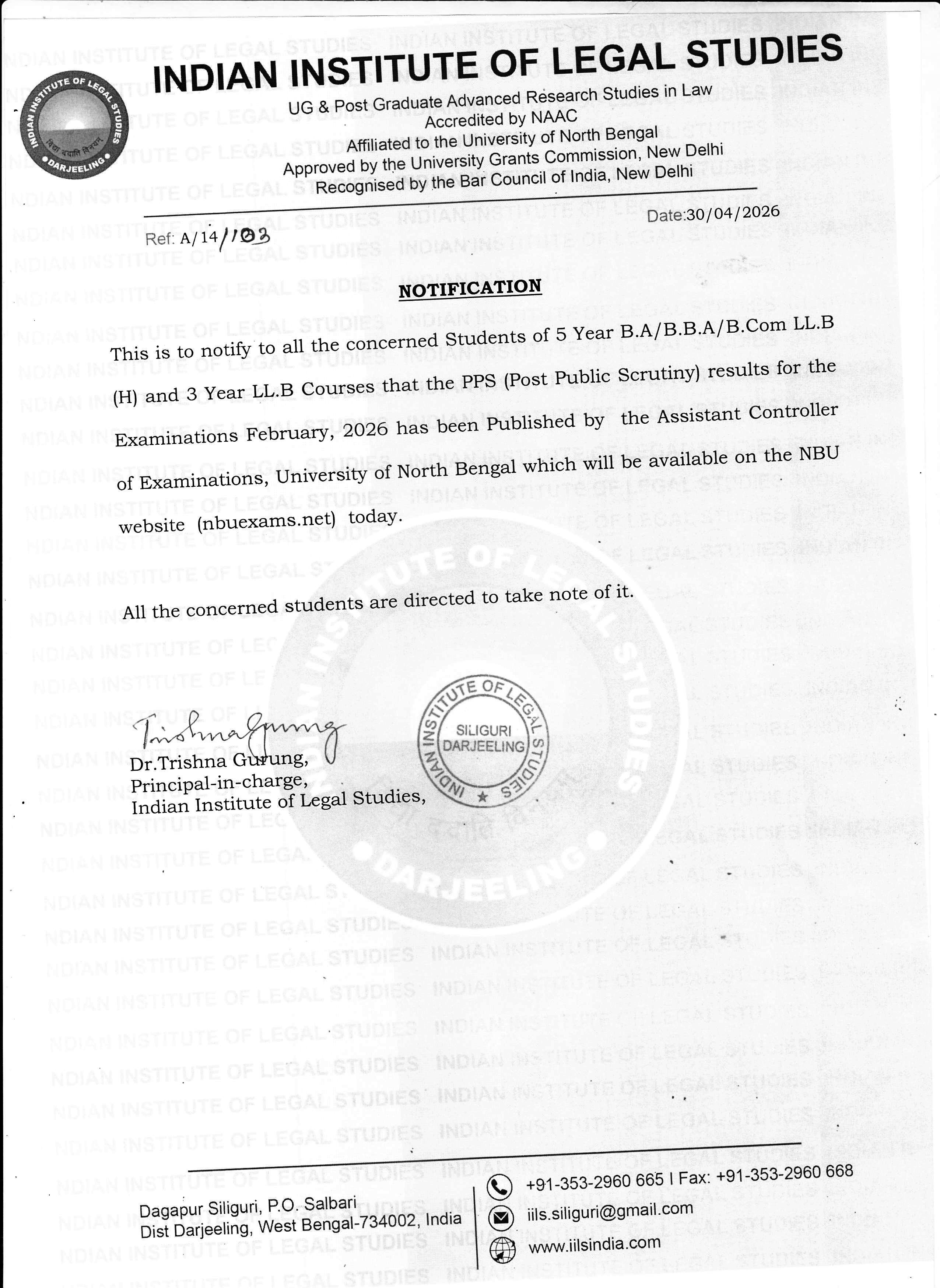 Notice for PPS Result Publication for February 2026 Examination