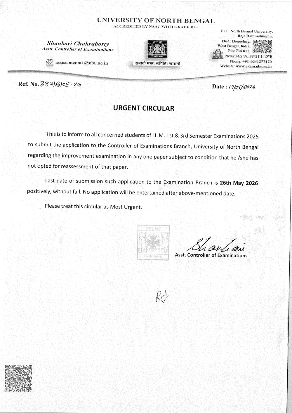 Notice for Improvement Examinations LL.M