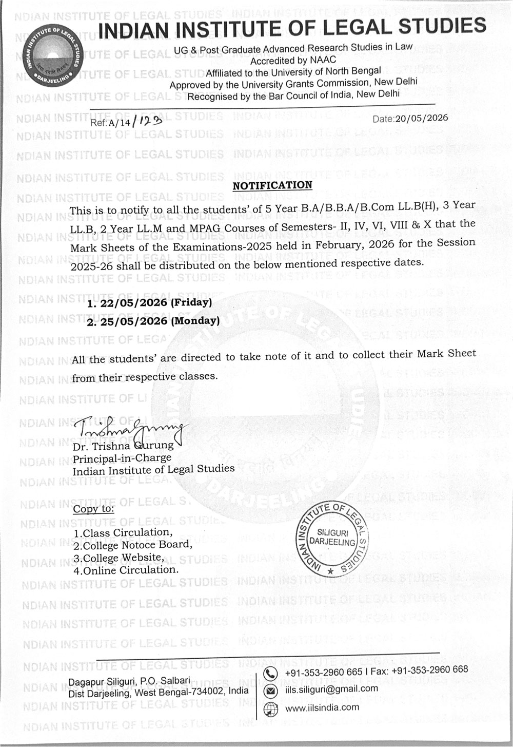 Notice for Marksheet Distribution