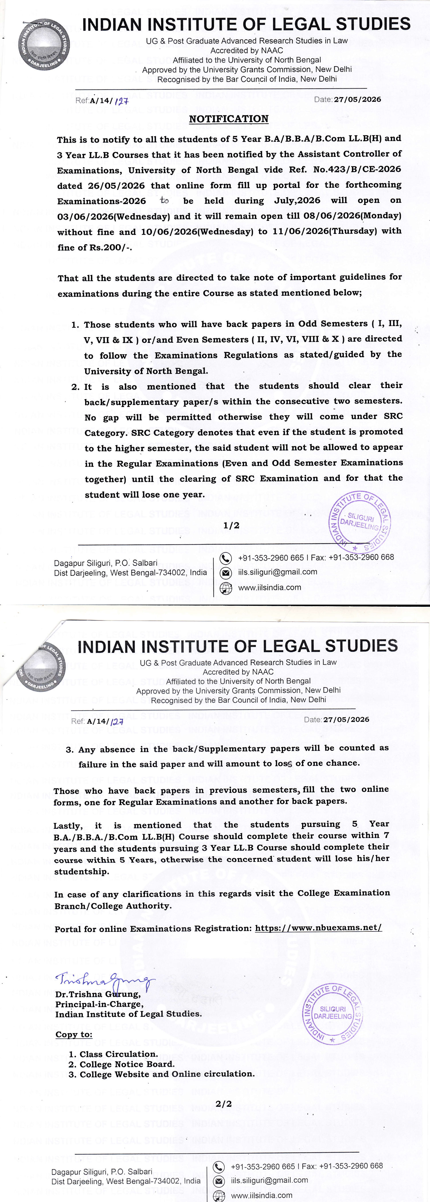 Notice for Examinations Form Fill Up