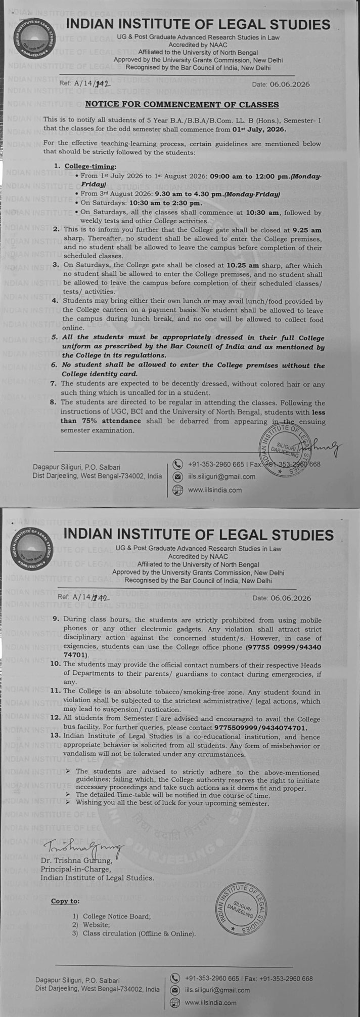 Notice for Commencement of Semester I Classes
