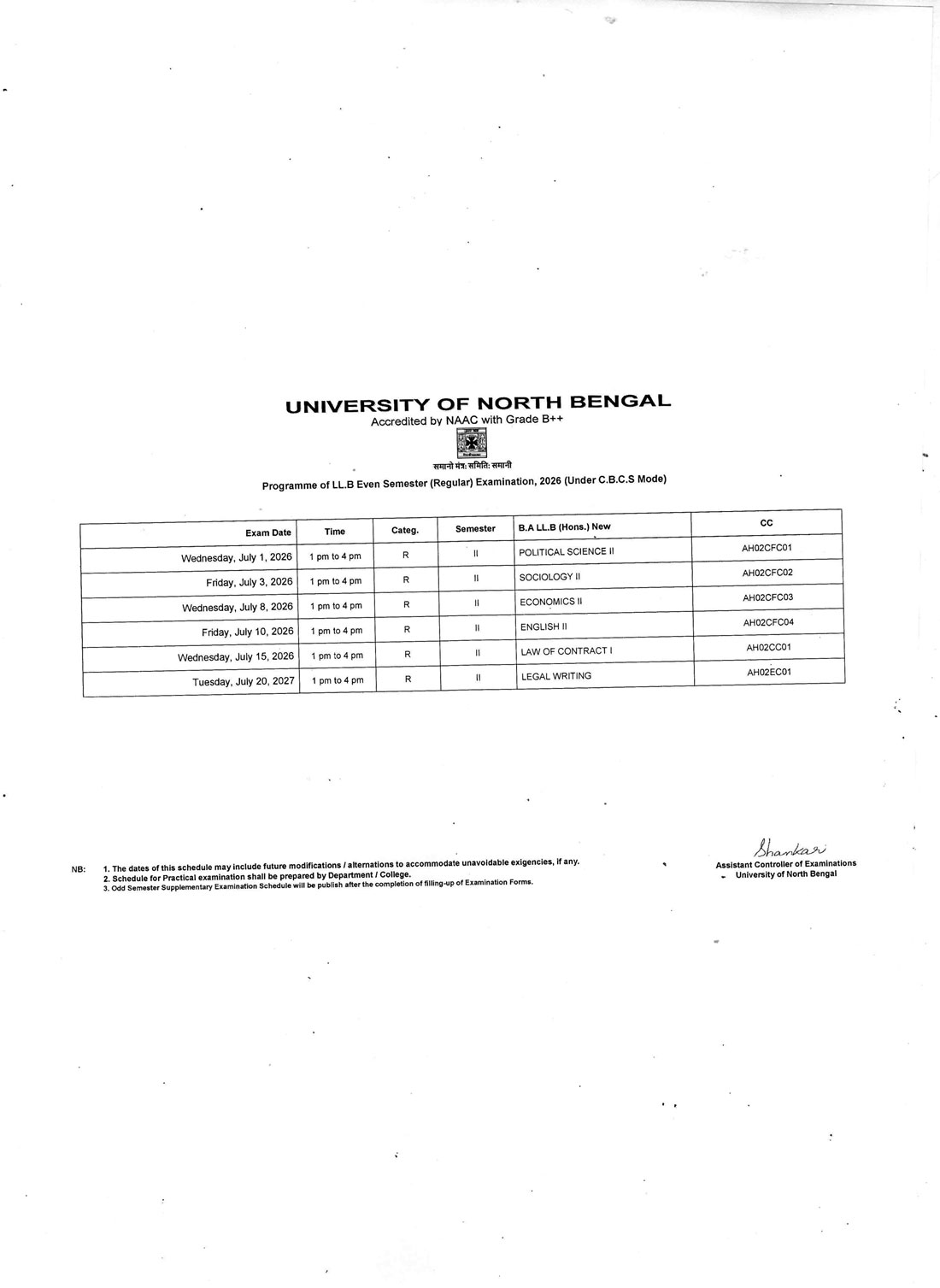 Notice Regarding Semester II, IV, VI, VIII & X Examination Schedule