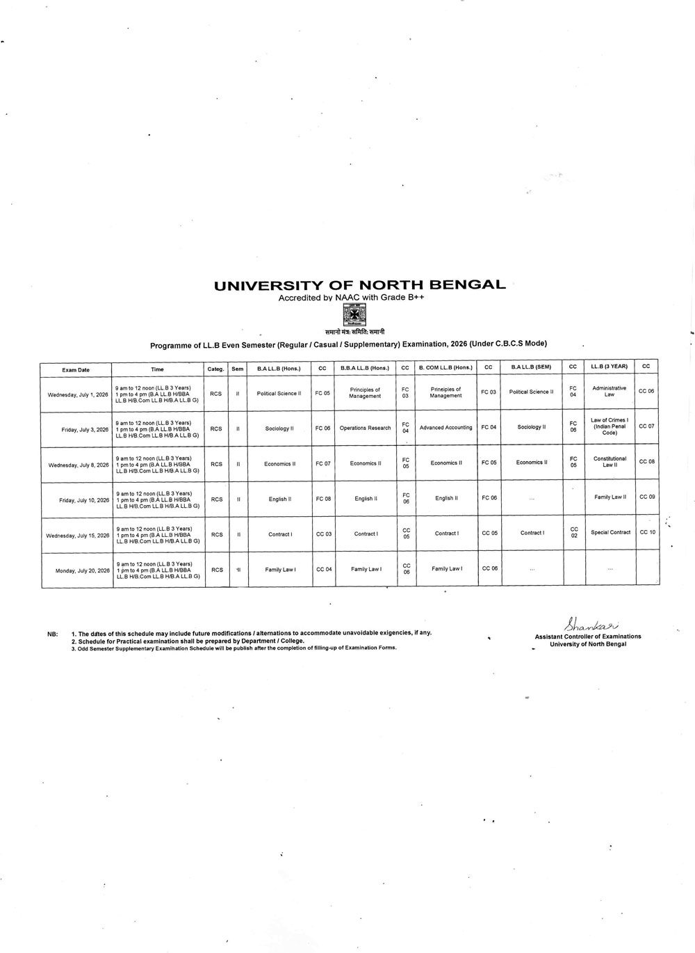 Notice Regarding Examination Schedule for Semester II (Old Syllabus), IV, VI, VIII & X
