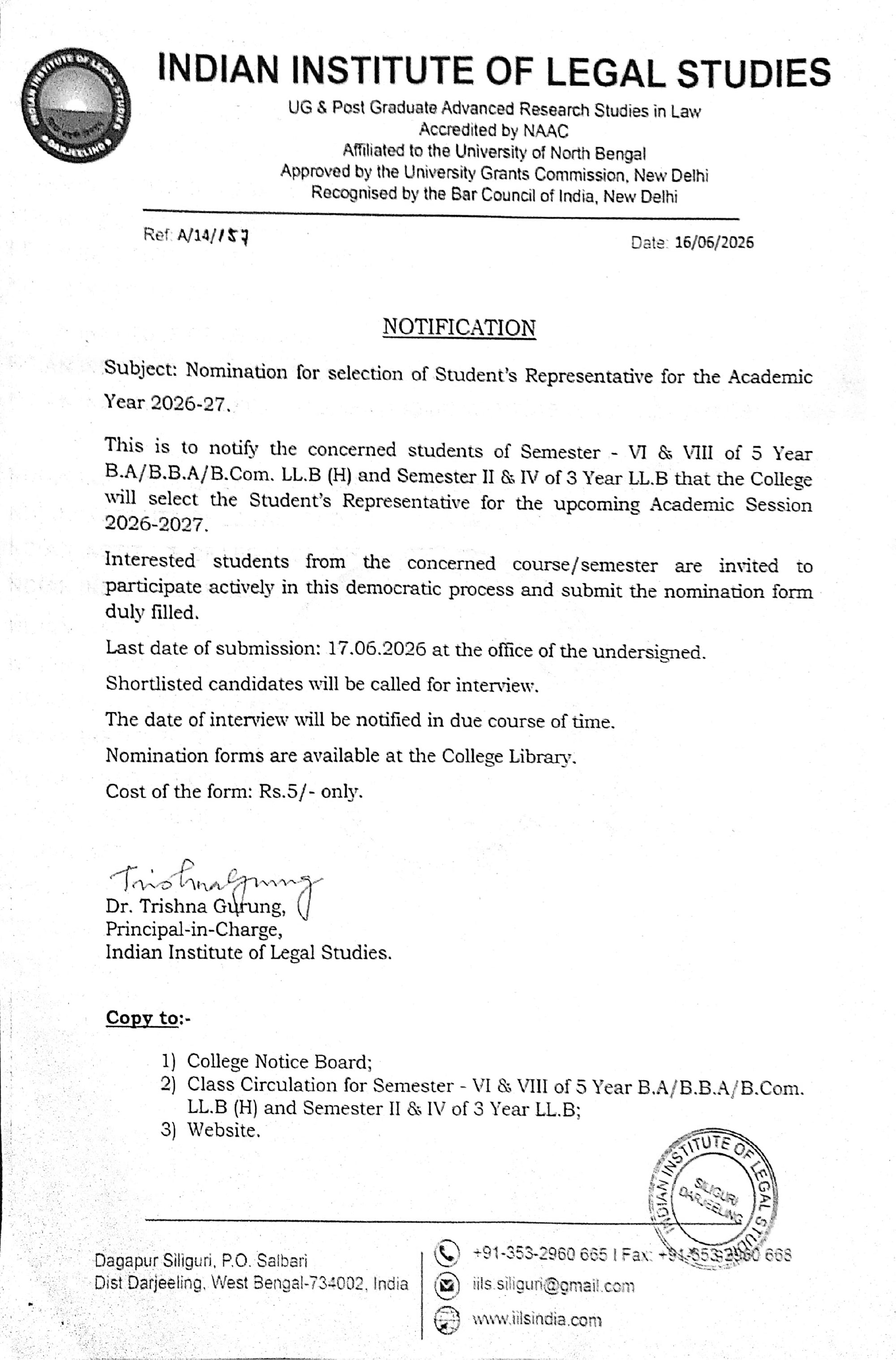Notification for Students' Representative Selection