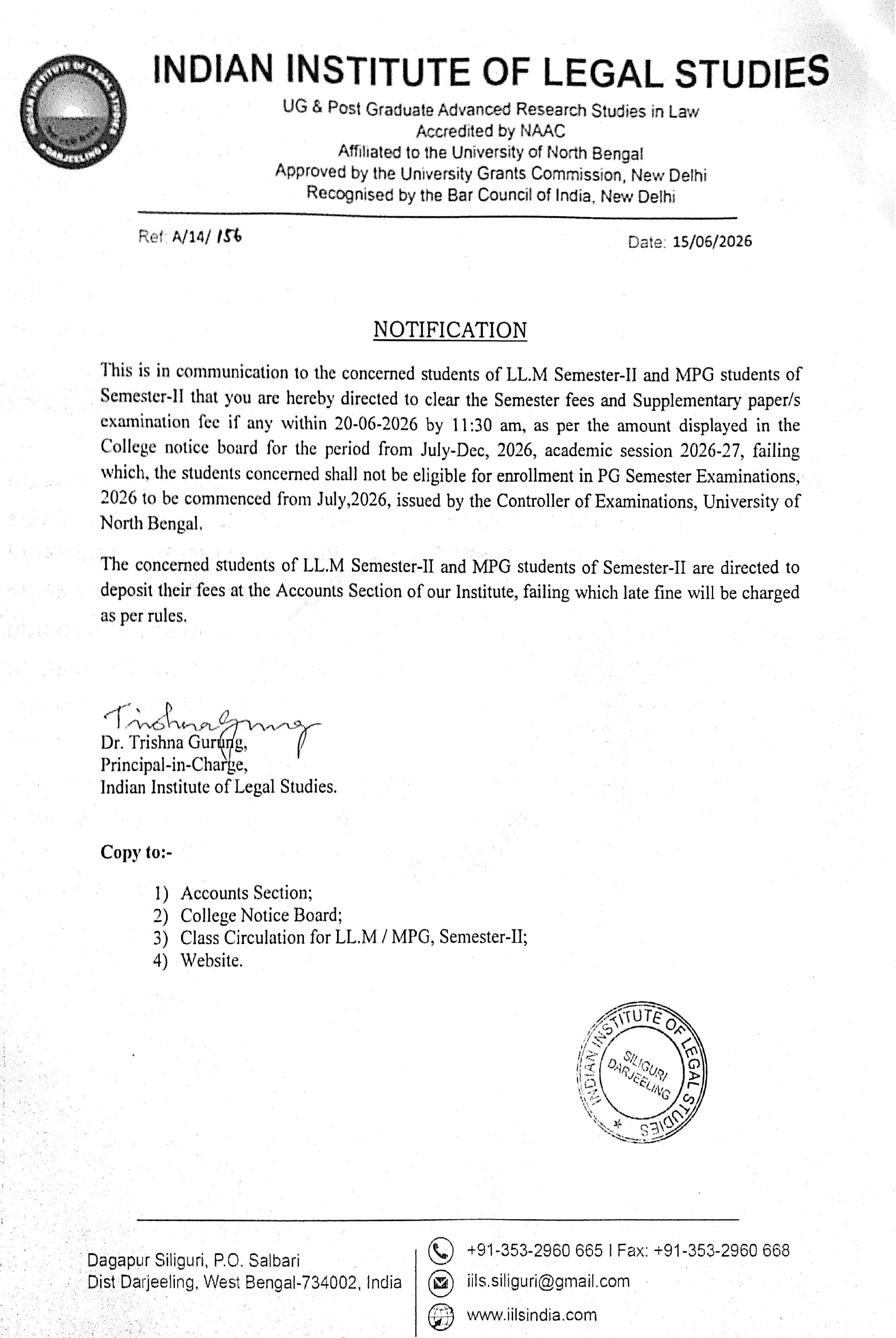 Notice Regarding Fee Payment for LLM & MPG