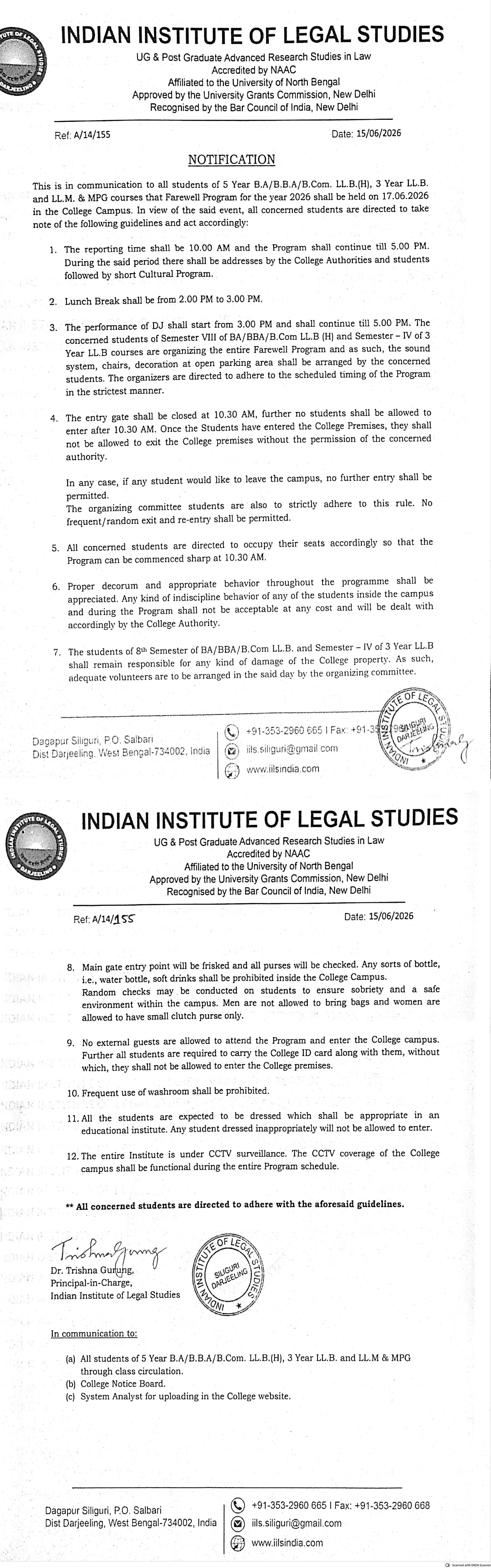 Notice Regarding Guidelines for Farewell Program 2026