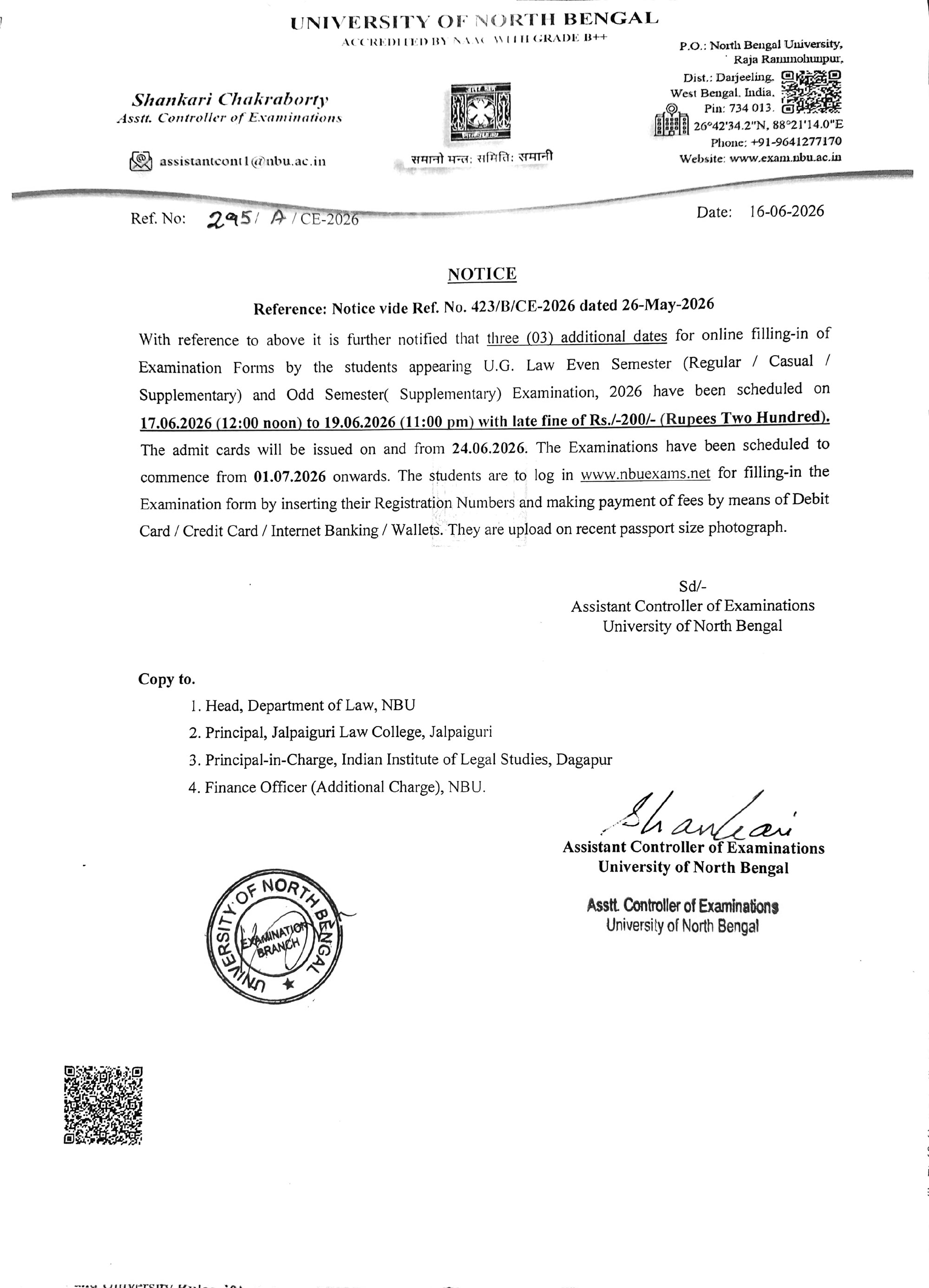 Notification Regarding Additional Dates for Online Filling of Examination Forms for LL.B. Students