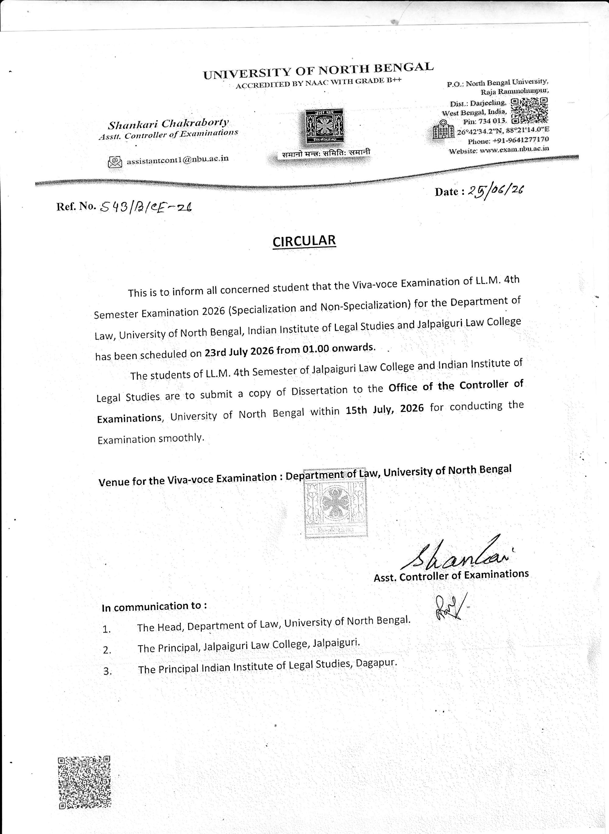 Notice Regarding Dissertation Examination 2026
