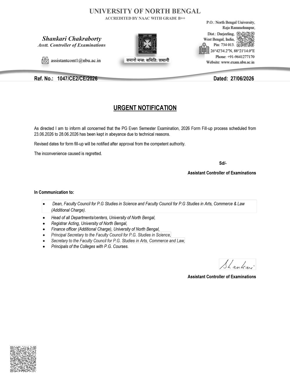 Notice for PG Examination Form Fill-up Temporarily Kept in Abeyance