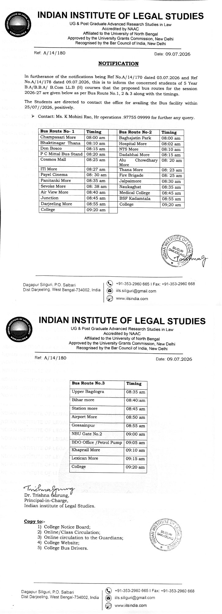 Notification Regarding College Bus Routes and Timings
