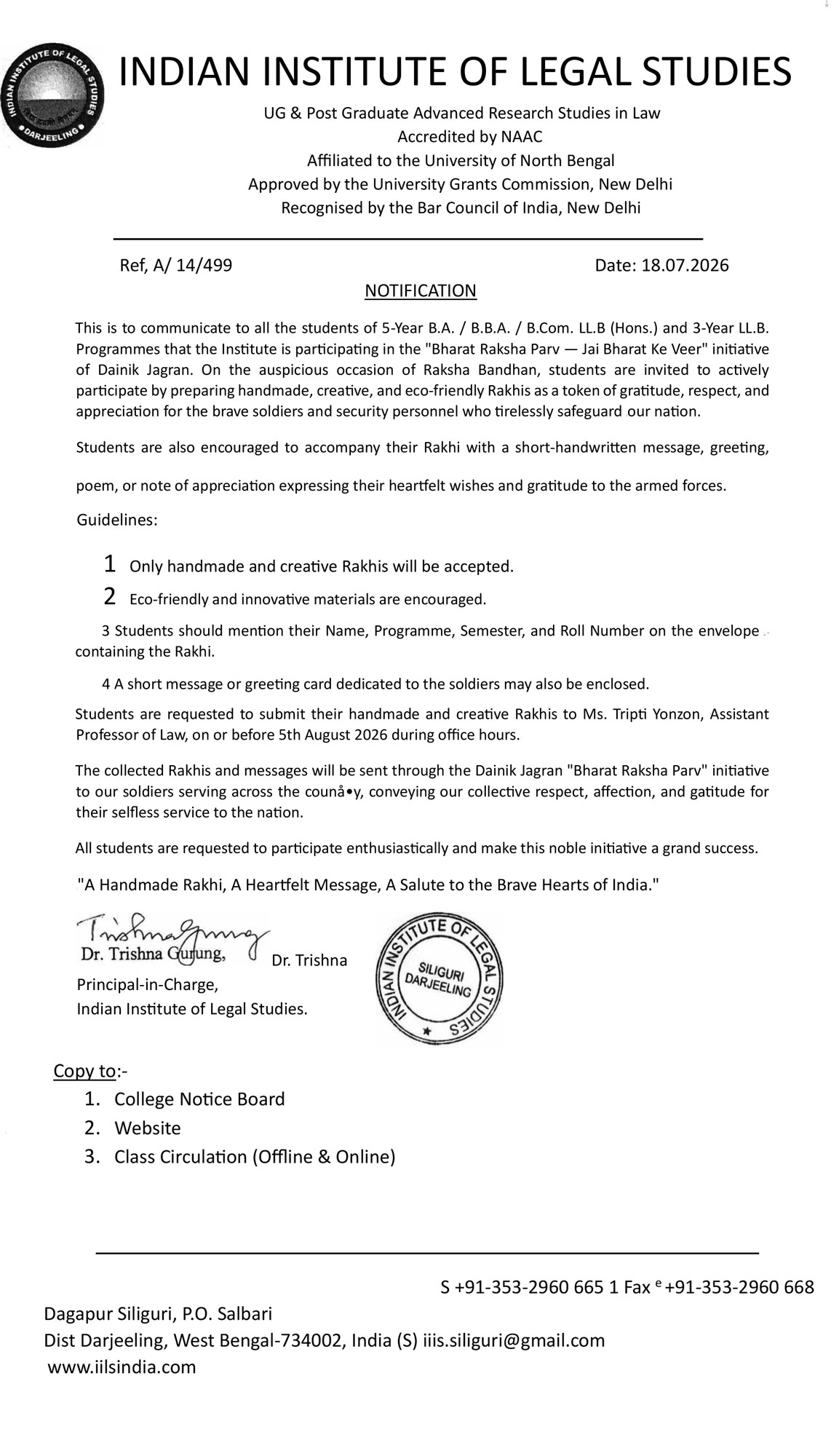 Notice for Inviting Students to Participate in the Bharat Raksha Parv Rakhi Campaign
