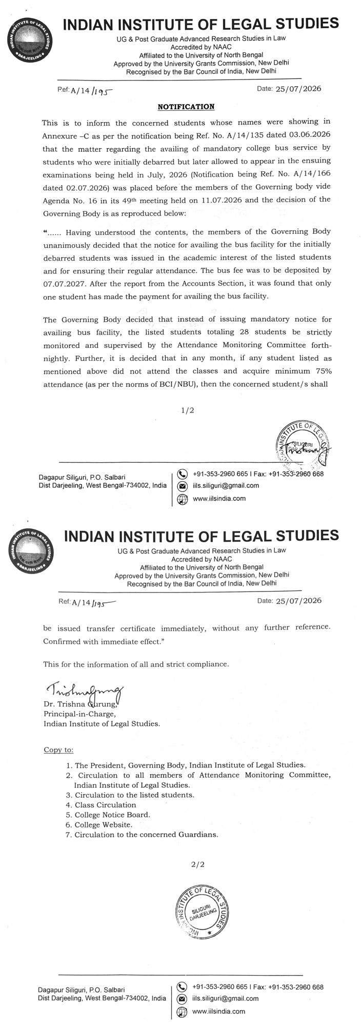 Notification Regarding College Bus Service