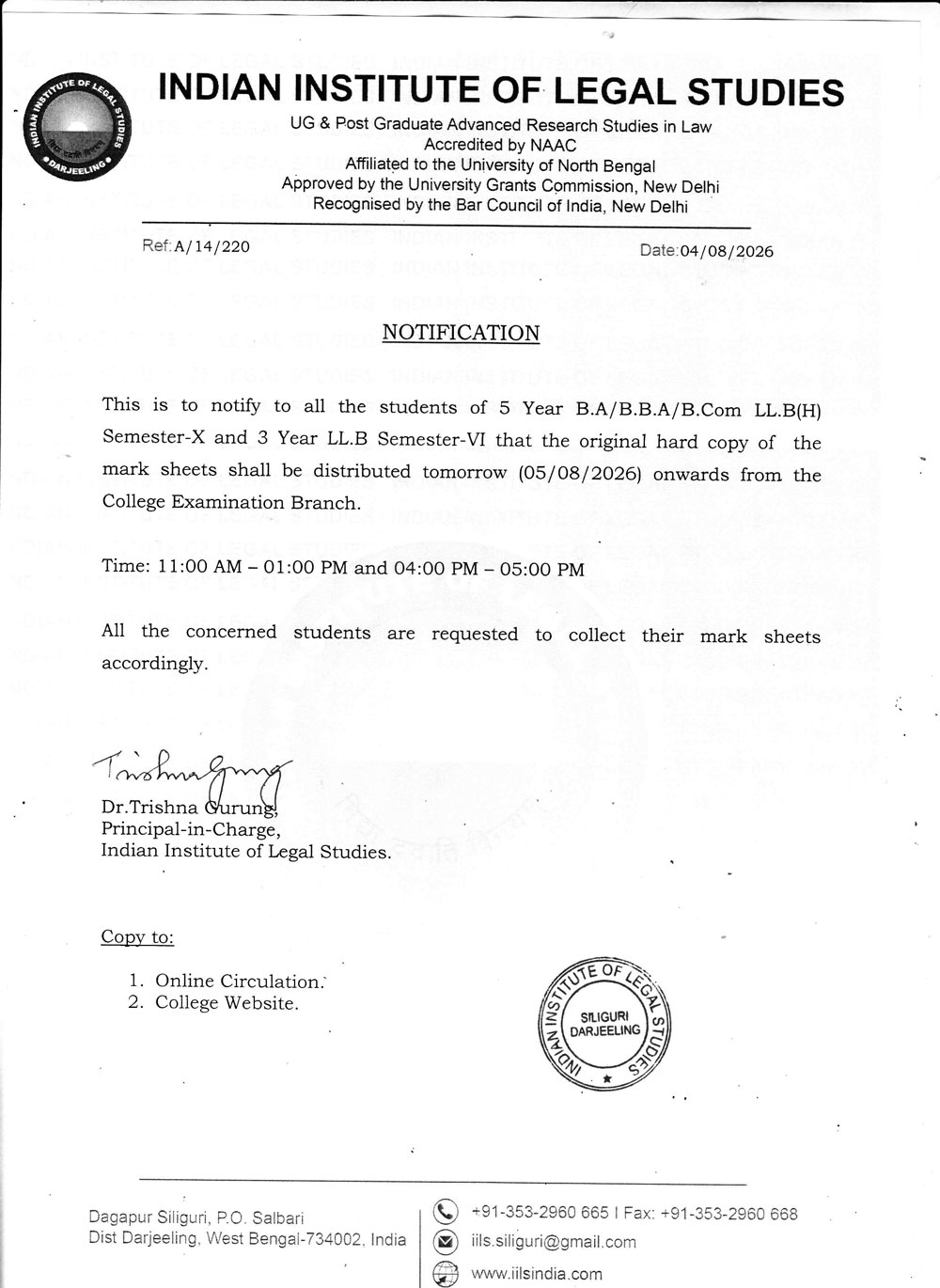Notice for Mark Sheet Distribution